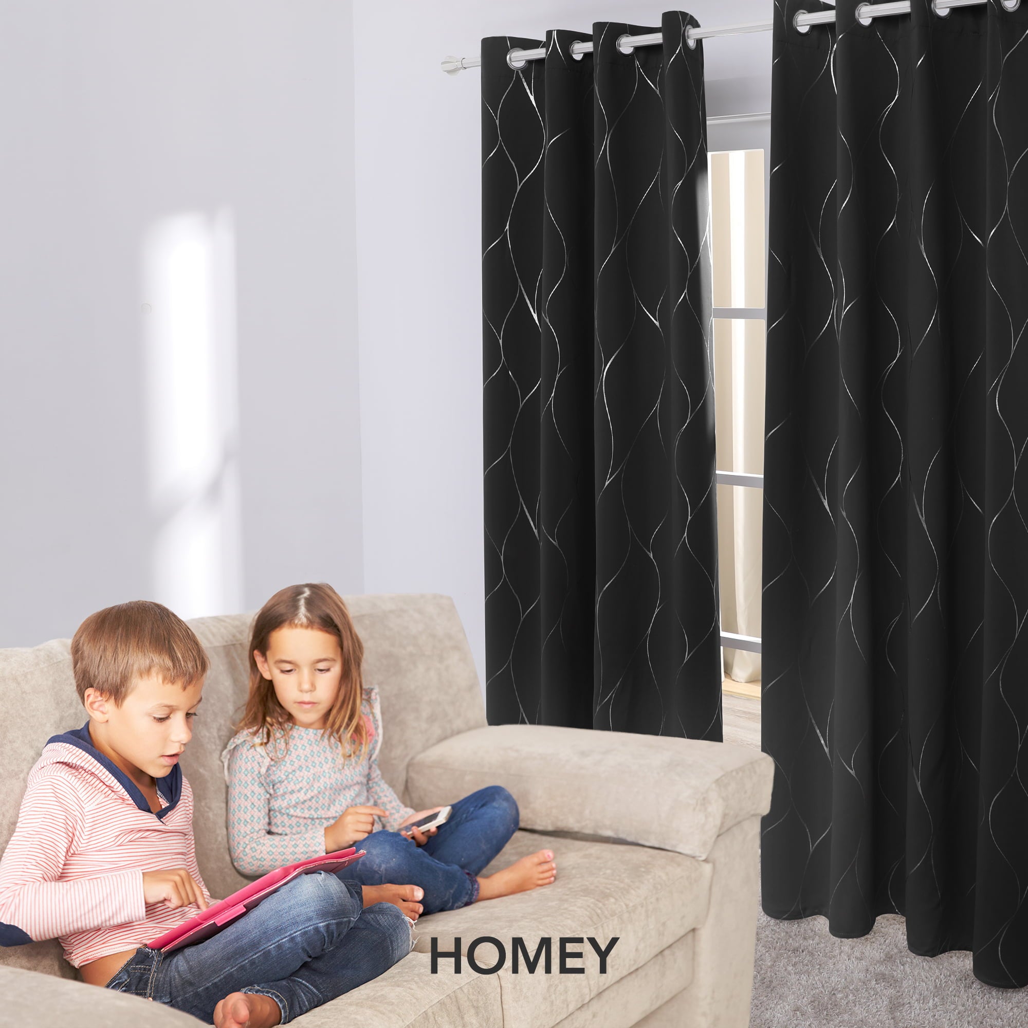 Deconovo Grommet Blackout Curtains Noise Reducing Curtain Silver Foil Wave Print Room Darkening Window Panel Thermal Insulated Drapes 52W x 72L inches Black Set of 2 Panels