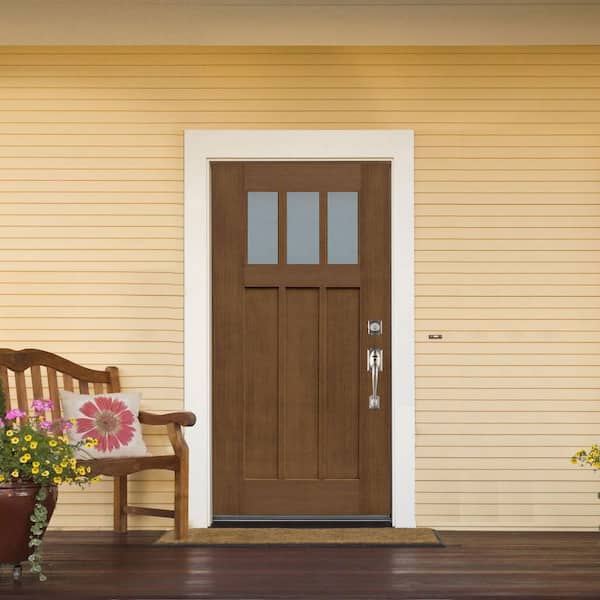 36 in. x 80 in. Medium Oak Left-Hand Inswing 3 Lite Frosted Craftsman Stained Fiberglass Prehung Front Door
