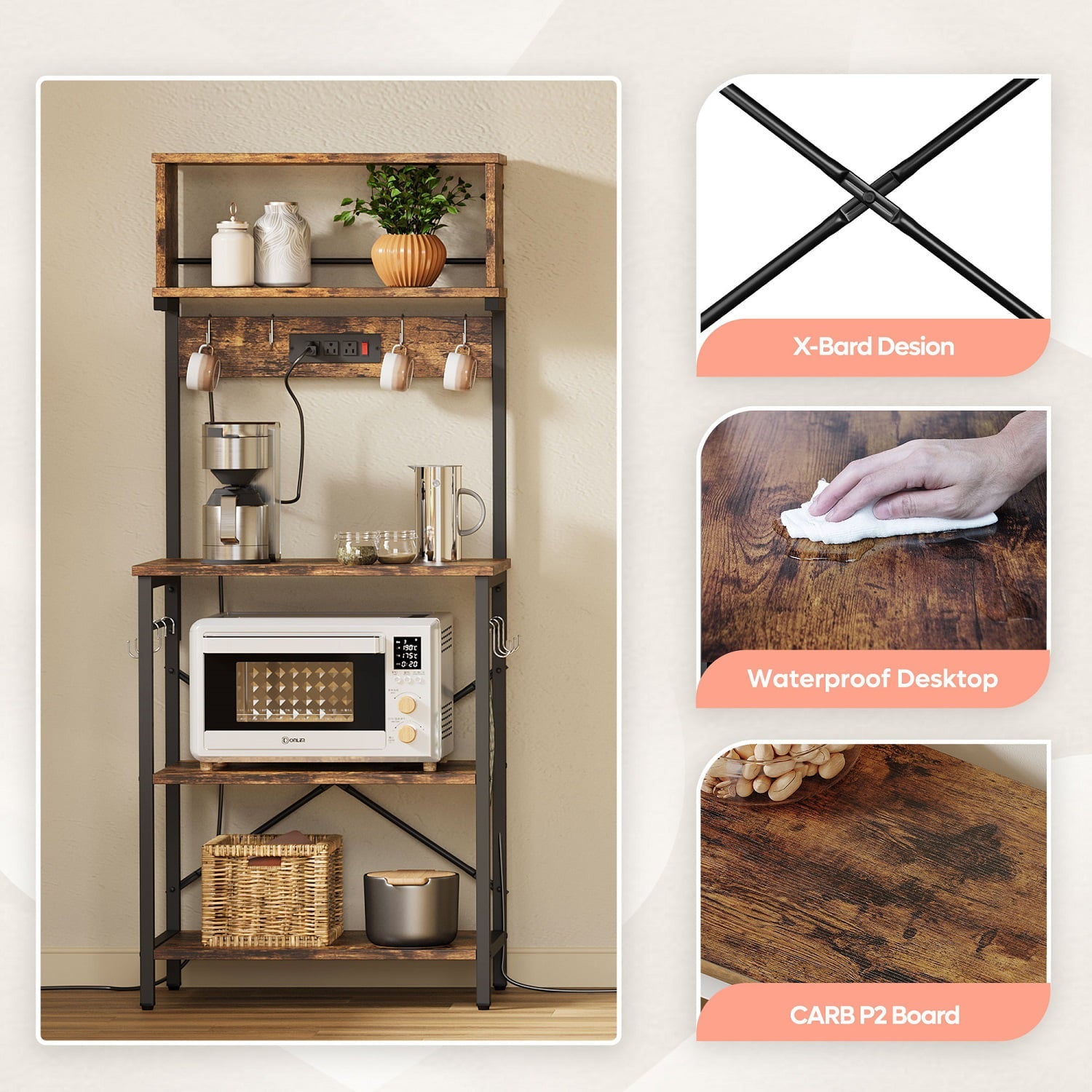 Bestier 60.3 inch 5-Tier Kitchen Bakers Rack with Power Outlets Microwave Cart in Rustic