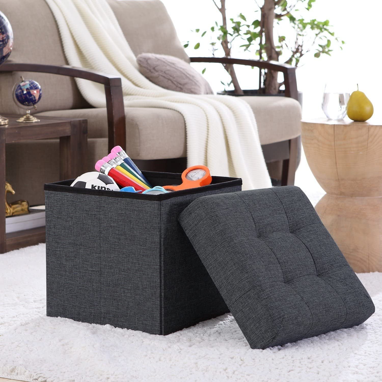 Ornavo Home Foldable Tufted Linen Storage Ottoman Cube Foot Rest Stool Seat - 15