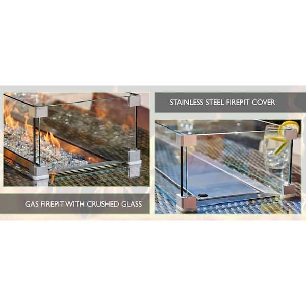 Firefly Brown Wicker Rectangular Propane Fire Pit Table with Tempered Glass Surround