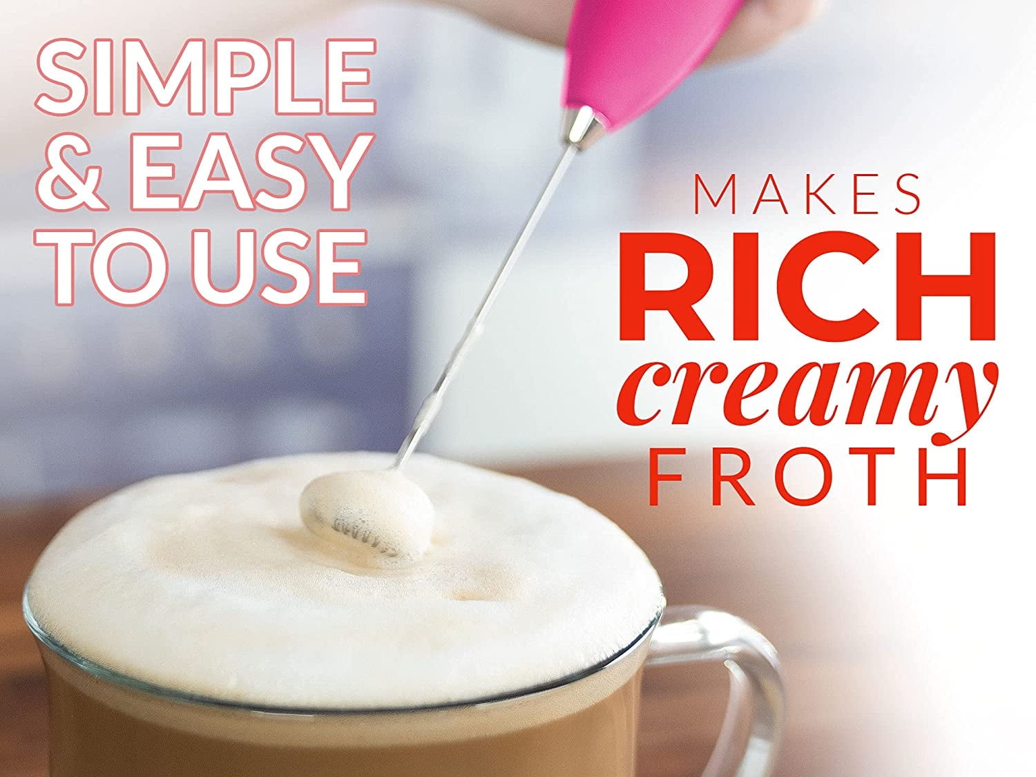 Zulay Kitchen Milk Frother with Stand Handheld Electric Whisk for Coffee Latte and Matcha Beaming Pink