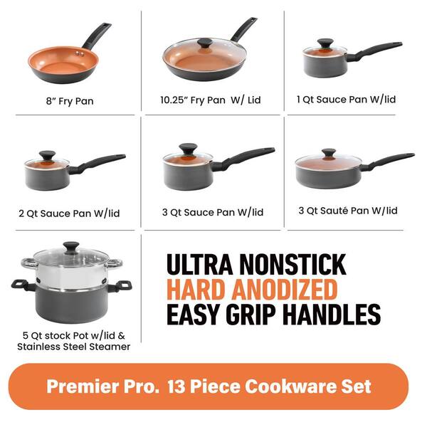 Pro Premier Ceramic Nonstick Hard Anodized Aluminum 13-Piece Cookware Set - Copper