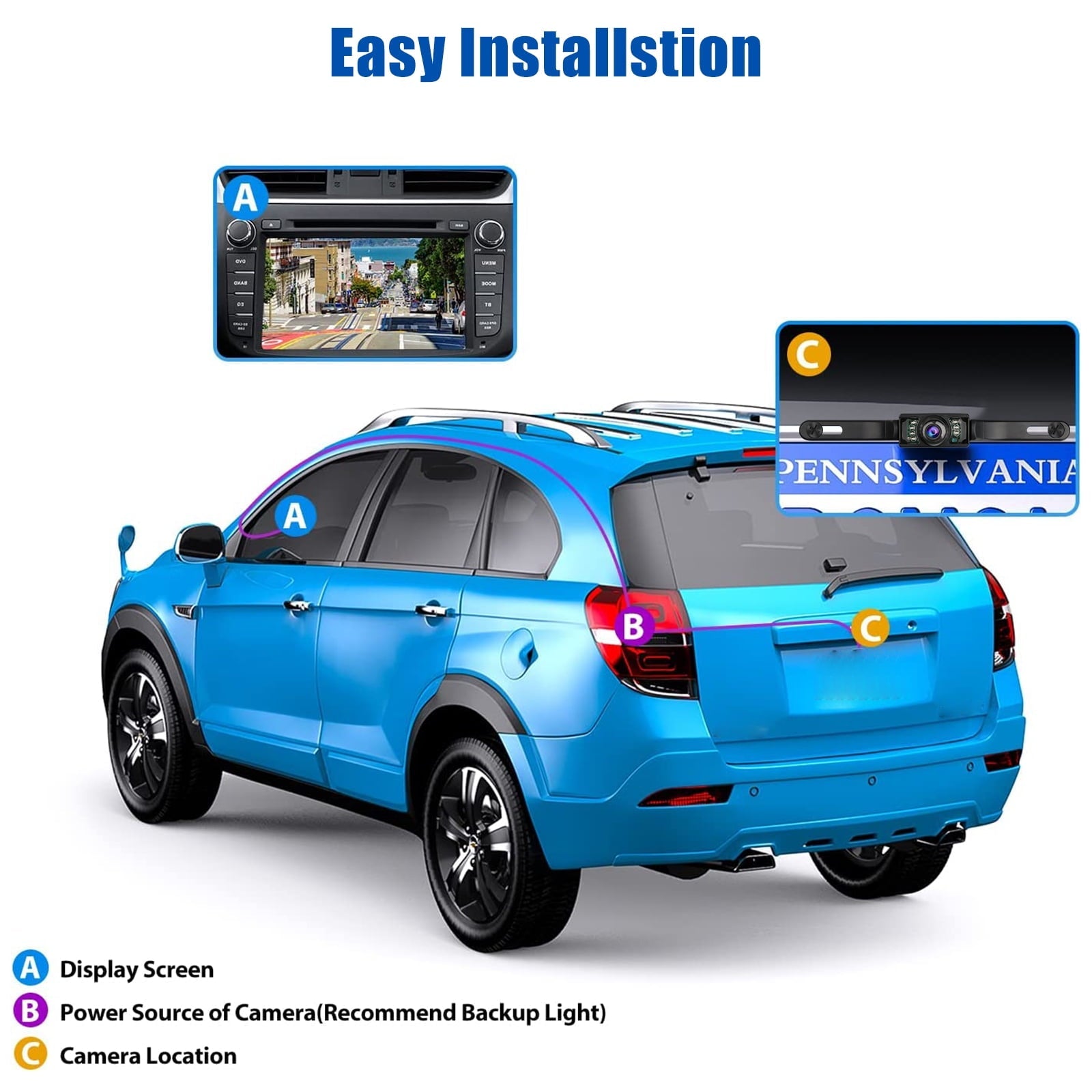 Car Rear View Camera, TSV Backup Camera for Car, HD Reversing Camera with Night Vision, Crystal Night Vision, 170° Wide Angle, IP67 Waterproof License Plate Reverse Camera for Truck Trailer SUV