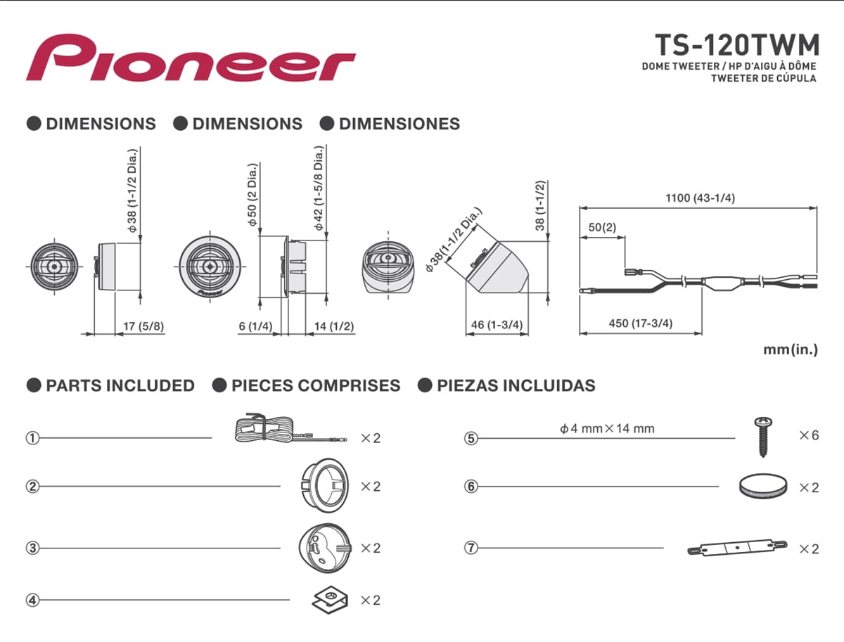 Pioneer TS-120TWM A-Series Polyimide Dome Tweeters | 100W RMS & 450W Peak Power | Universal Adapters