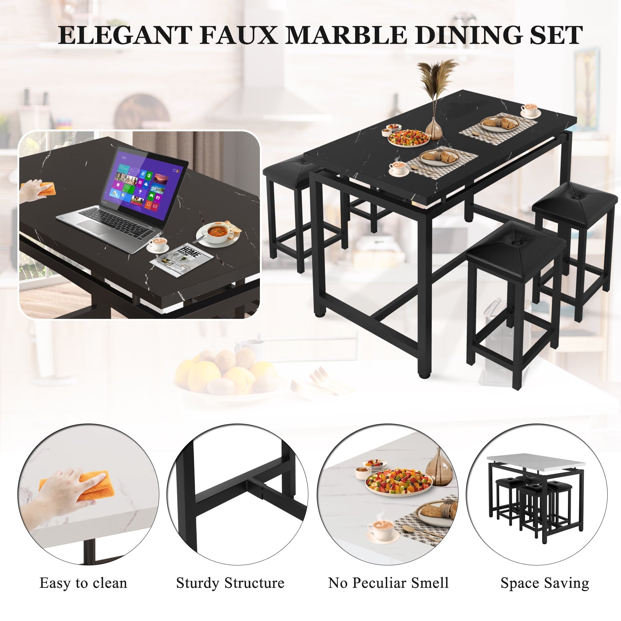 Counter Height Dining Set for 4, BTMWAY 5-Piece Bar Height Dining Room Table Sets, Faux Marble Dining Table and 4 Upholstered Chairs Set, Space Saving Metal Frame Breakfast Diner Table Set, Black