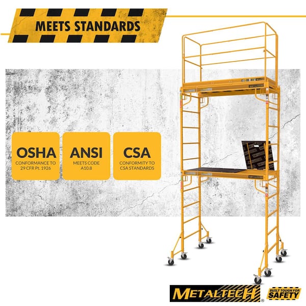 Rolling Scaffolding Tower, Safeclimb 2-Story Baker Scaffolding with Outriggers, Guard Rail, Climb Through Platform