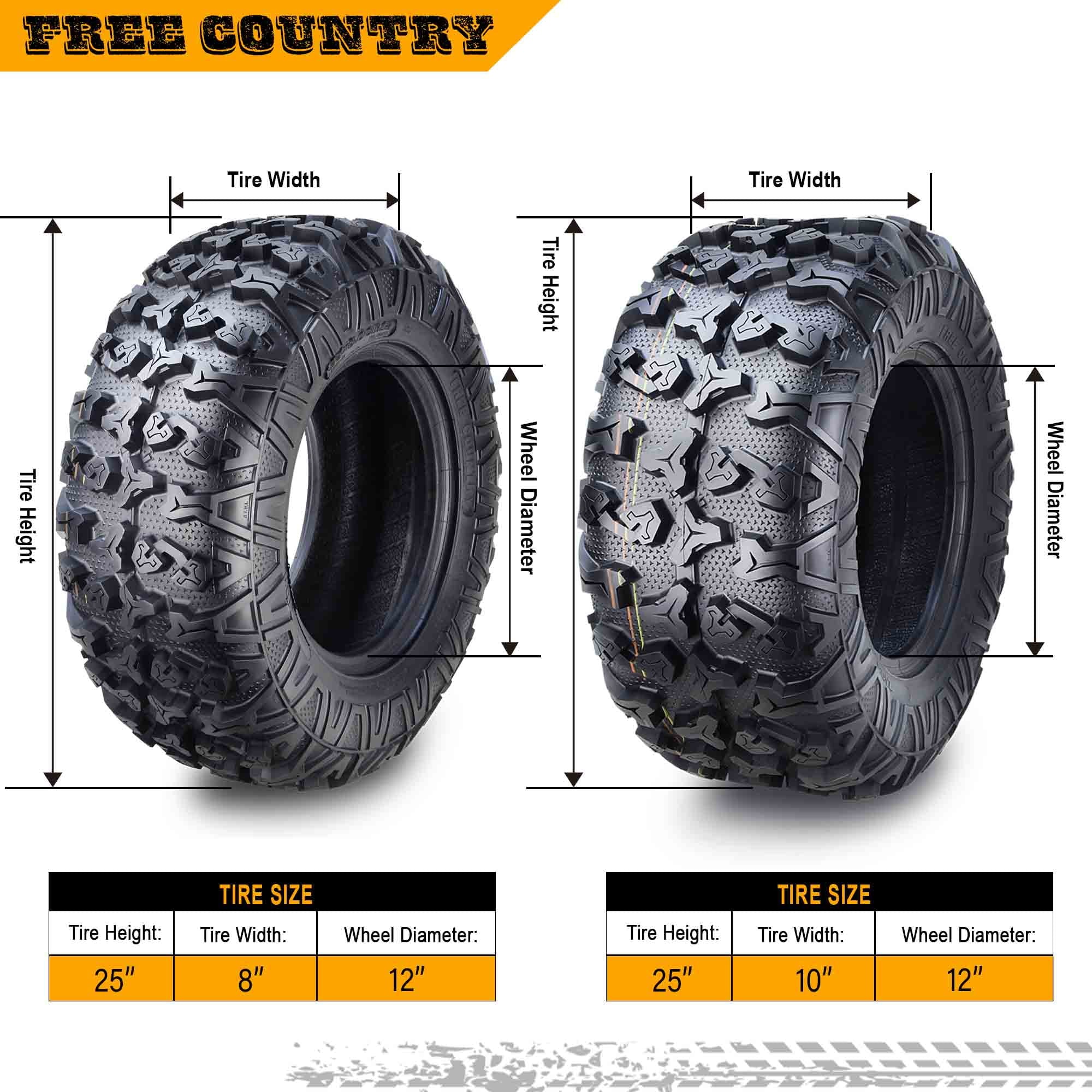 FREE COUNTRY 8PR Premium ATV Tires 25x8x12 & 25x10x12 fit 05-13 Yamaha RHINO 450 660 700