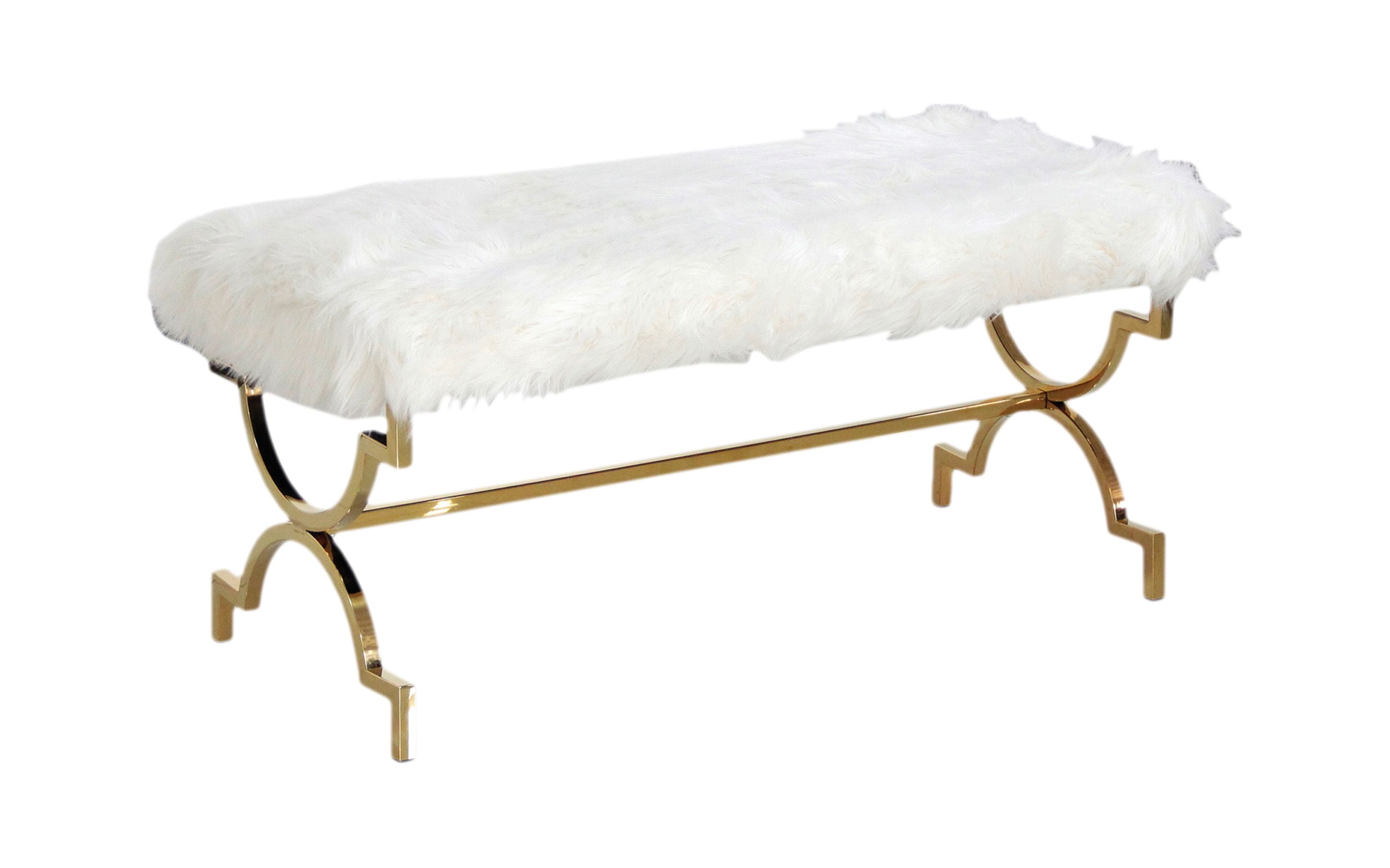 Best Master Furniture Emerson White Faux Fur with Gold Base Bench