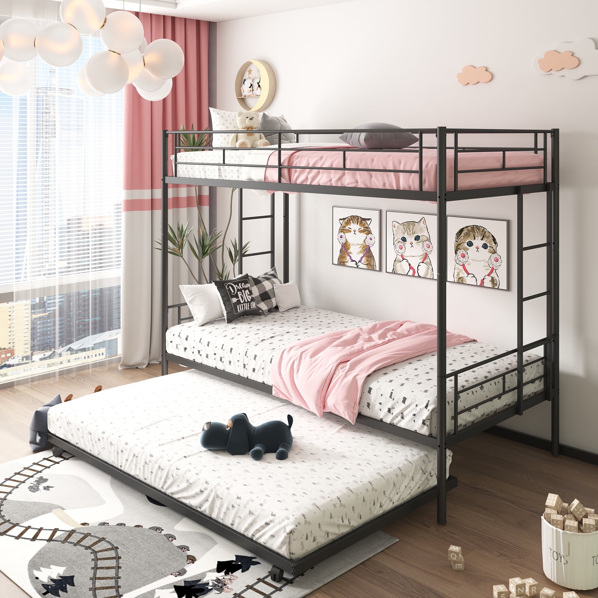 Twin Over Twin Bunk Bed with Trundle, Metal Twin Bed with Safety Guard Rail and Ladders, Space-Saving Design Sleeping Bedroom Bunk Bed for Boys, Girls, Kids, Young Teens and Adults, Easy Assembly, K92