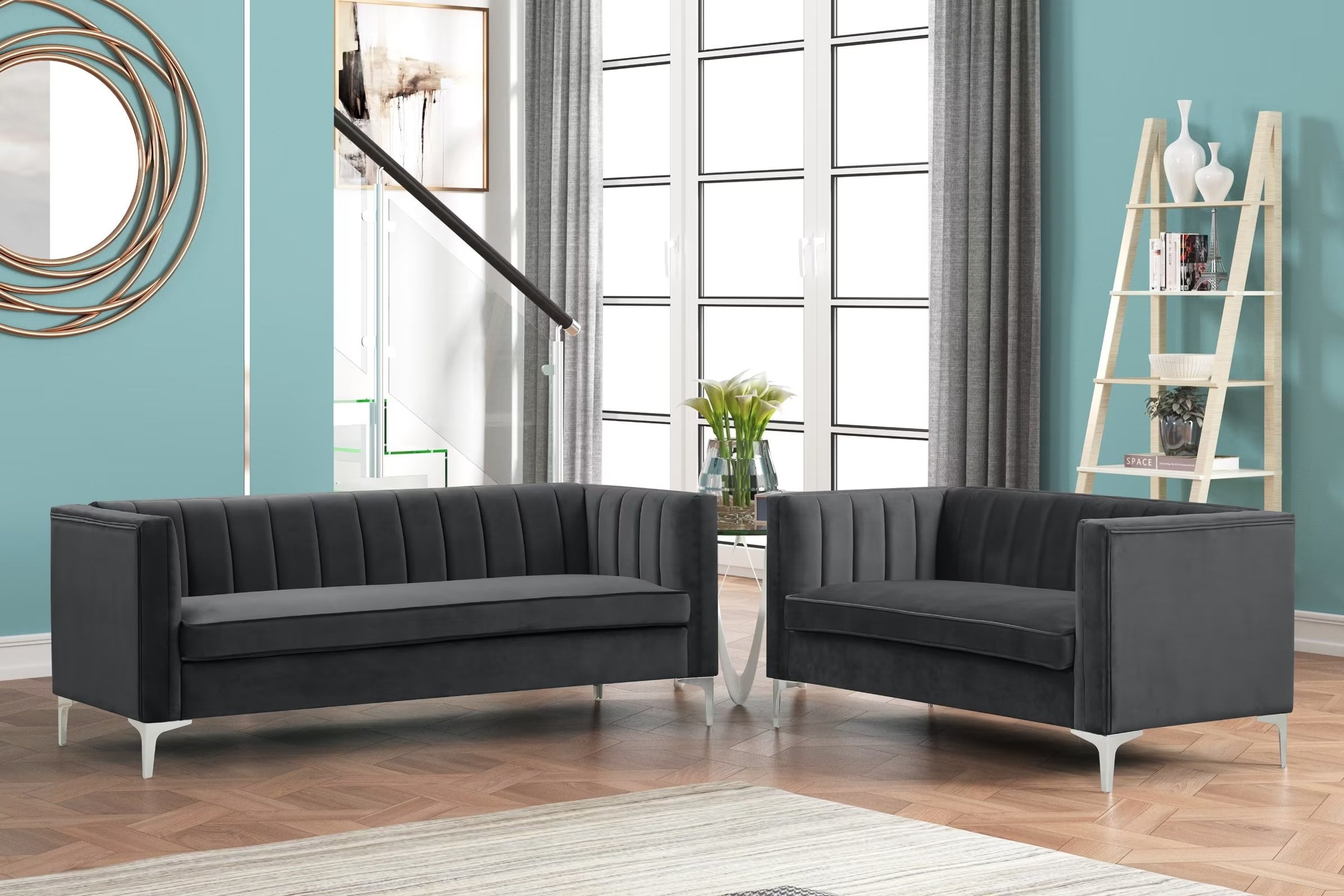 Morden Fort Contemporary Living Room Set Velvet Upholstered Loveseat Sofa Black