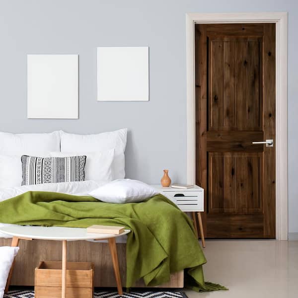 30 in. x 80 in. Knotty Alder 2 Panel Square Top V-Groove Solid Wood Left-Hand Single Prehung Interior Door