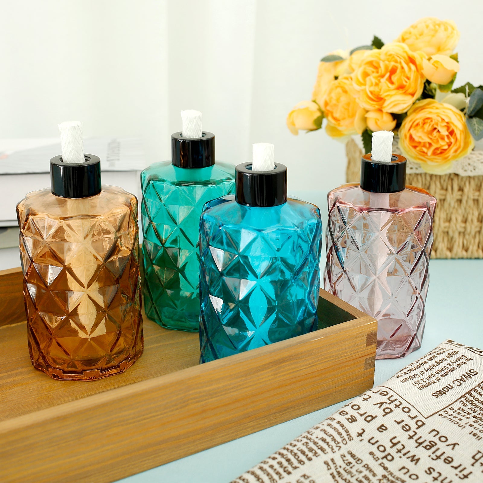 Threns 4 Pack Glass Table Torches 4 Colors Table Top Citronella Torch 11.4oz Glass Table Torches with Wick and Cover