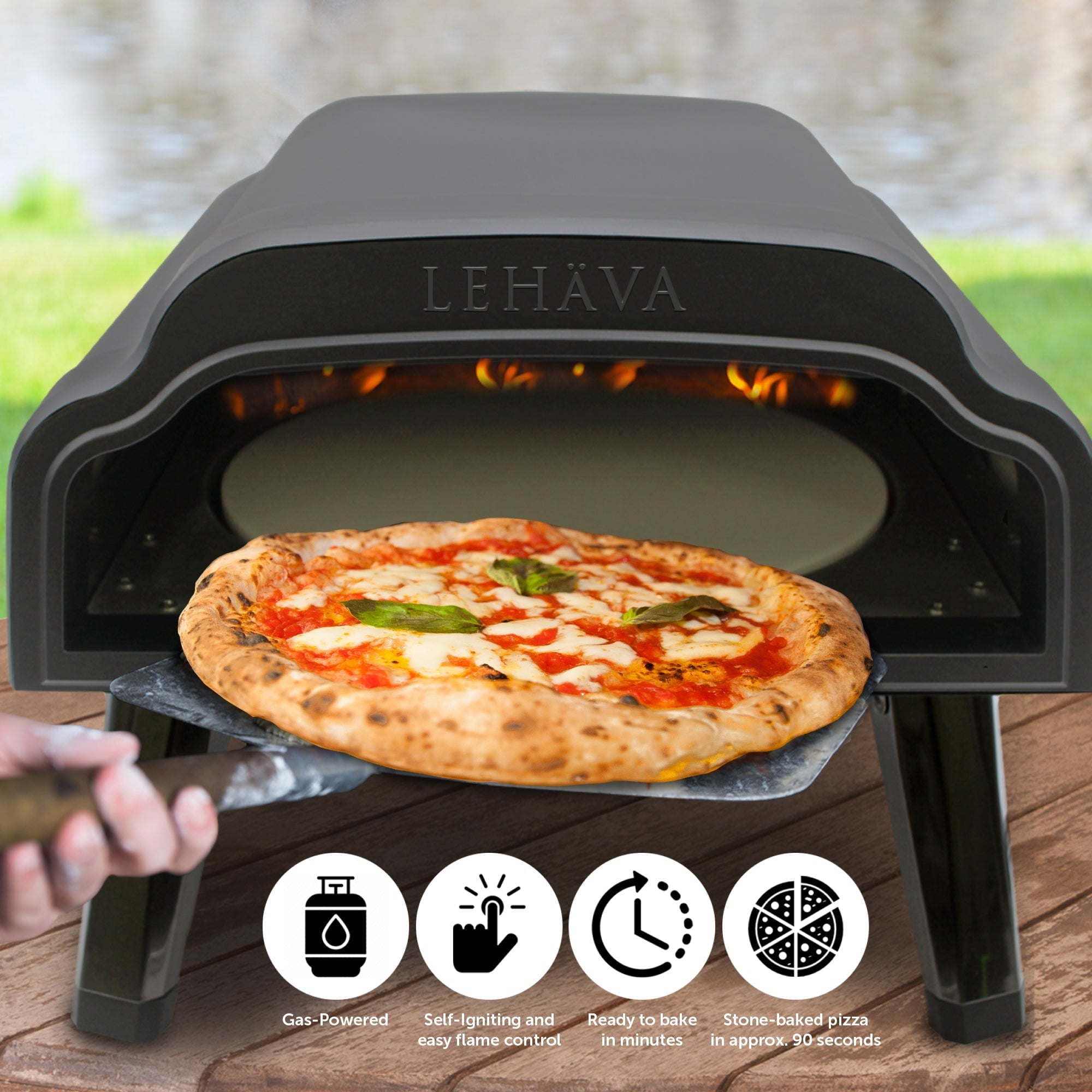 Flame King LEHAVA 14-inch, 360 Degree Rotating Non-Stick Pizza Stone, Portable Outdoor Propane Pizza Oven Countertop with Cover Bag, Piezo Auto Ignition for Camping, Backyard, and Tailgating