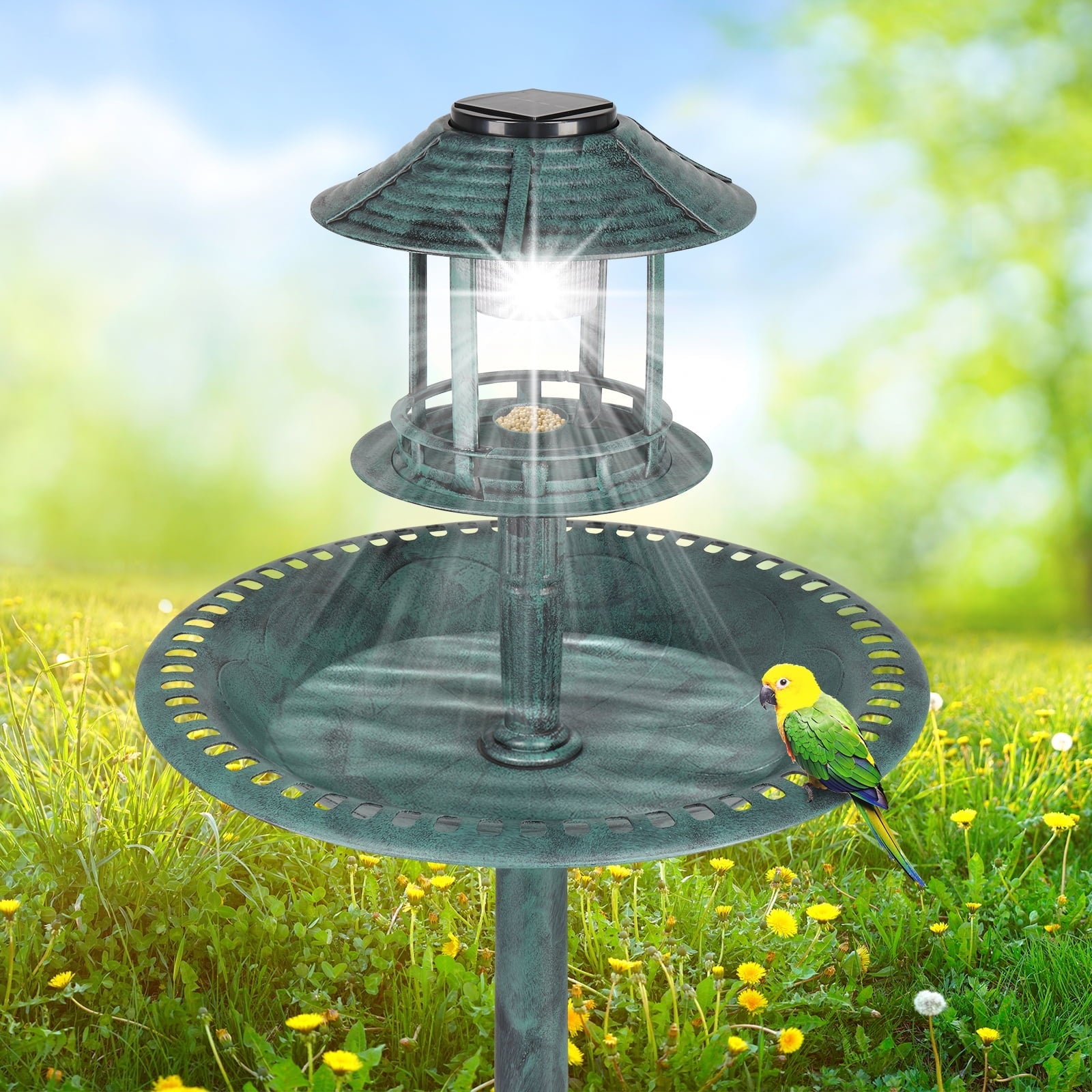 UBesGoo 42 Inch Bird Bath with Solar Light Dark Green