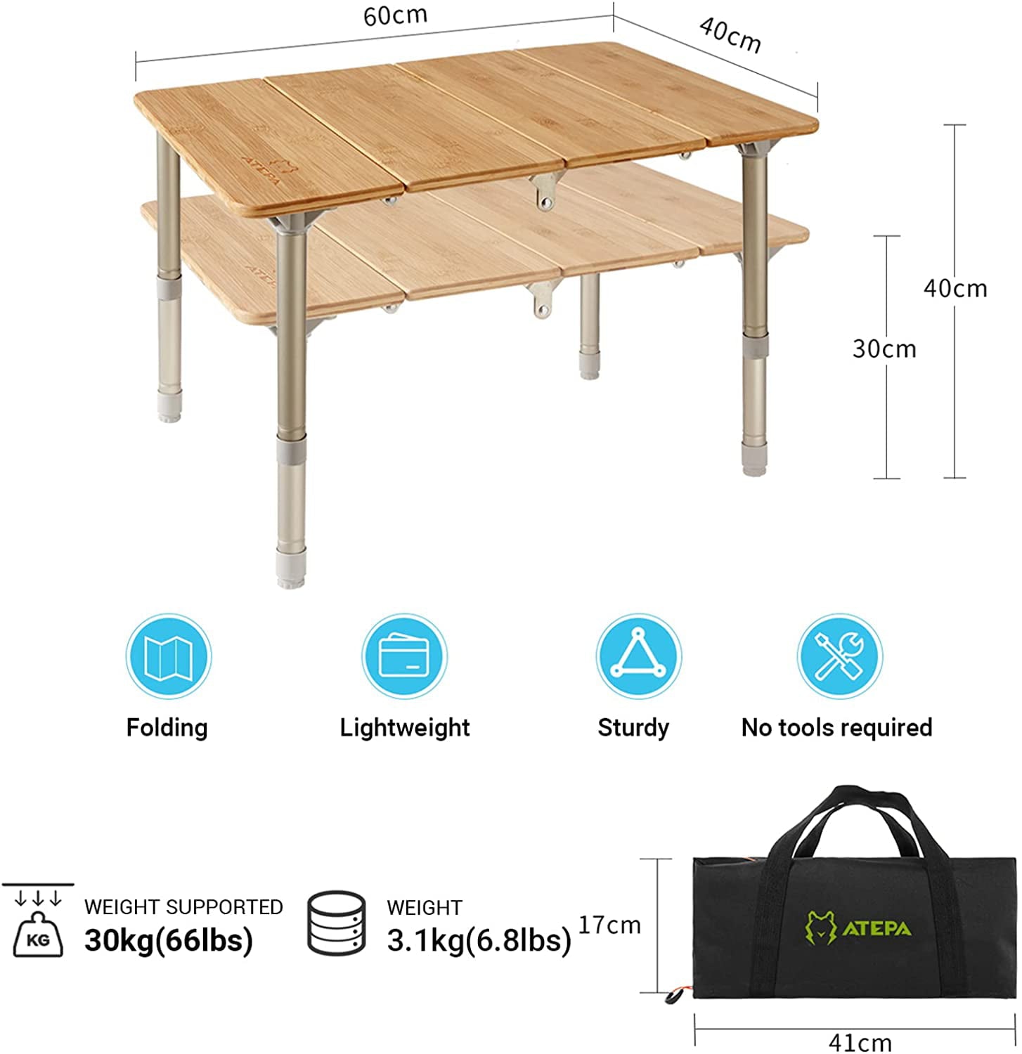 ATEPA Camping Folding Bamboo Table Portable Camp Outdoor Table with Carrying Bag, 23.6