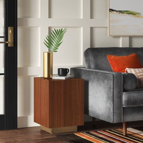 Wood and Metal Plinth Accent Table Metal Block Frame