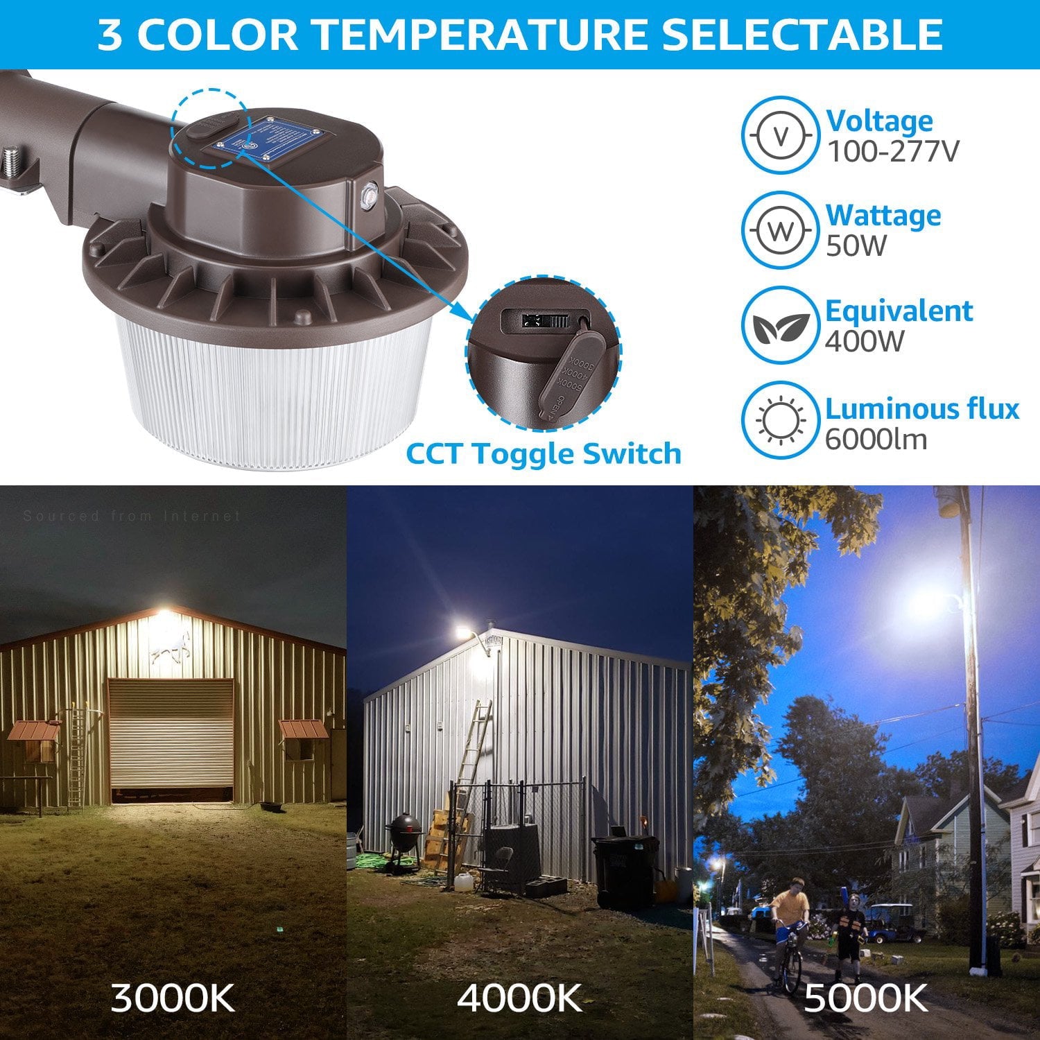 TORCHSTAR 2 Pack 3CCT LED Barn Light, 50W Dusk to Dawn Area Lights 3K/4K/5K Selectable, 100-277V Outdoor Security Flood Lighting for Garage, Street, IP65 Waterproof, Bronze