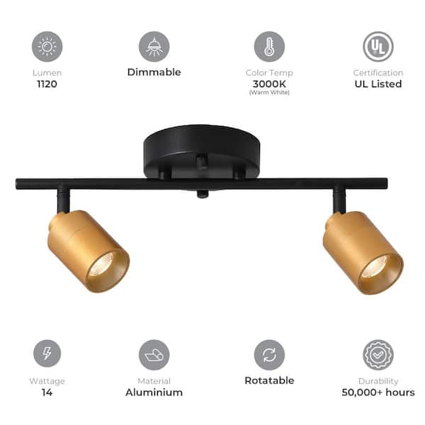 Modern 1 ft. 2 Head-Light, Gold, Integrated LED Fixed Track, Lighting Kit with Rotating Heads