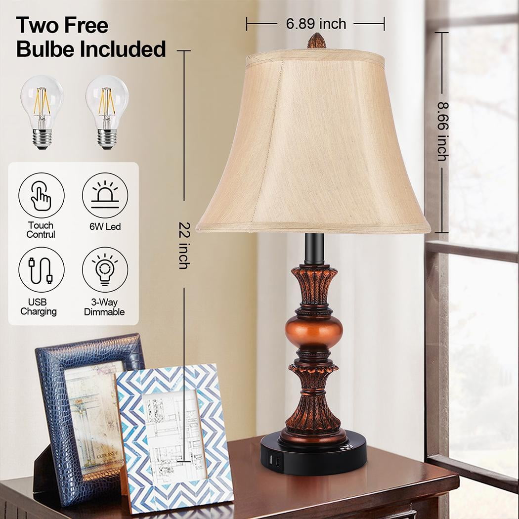 Nictiv 2 Pack Traditional Table Lamps,Touch Control 3-Way Dimmable Lamp Sets w/4 USB Charging Ports, Fabric Tapered Drum Shade Nightstand Lamp for Living Room, Bedroom, 2 Free LED Bulbs, Bronze