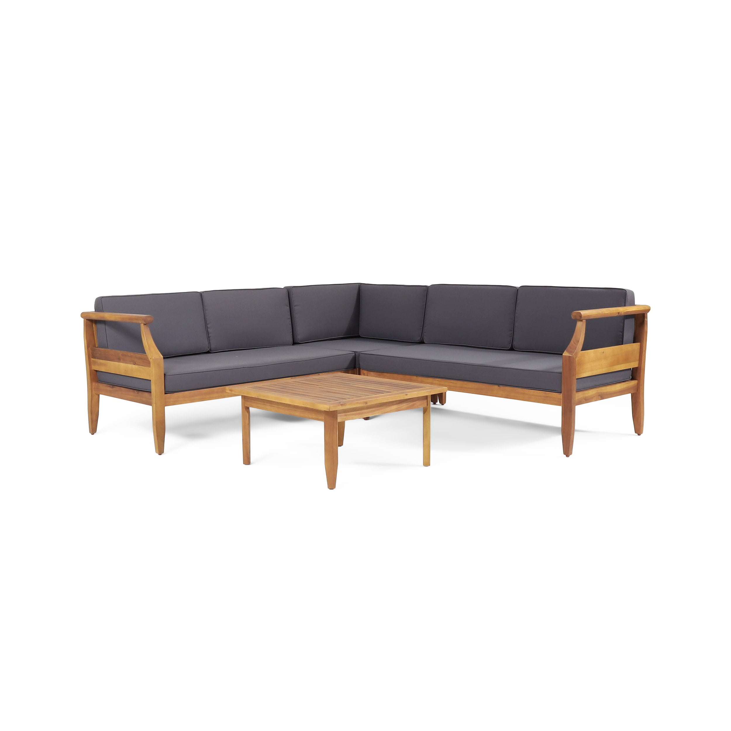 Sloane Acacia Wood Outdoor 5 Seater Sectional Chat Set with Cushions, Teak and Dark Gray