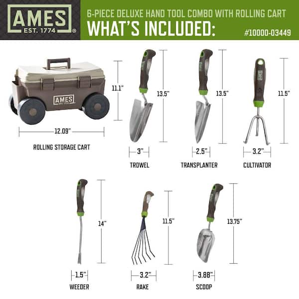 6-Piece Deluxe Hand Tool Combo and Rolling Cart Garden Tool Set