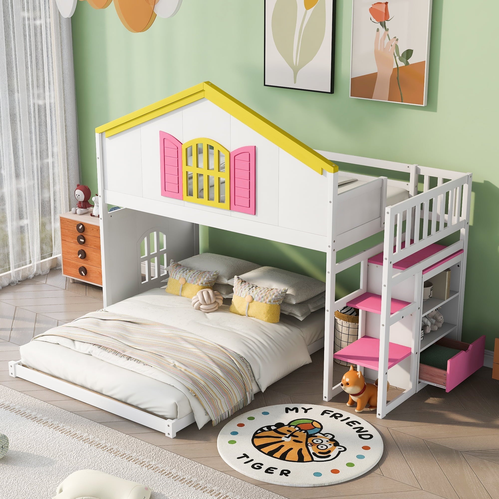 Leadzm Twin over Full House Bunk Bed with Pink Staircase and Drawer, Shelves Under the Staircase, House Shaped Bed with Windows, White