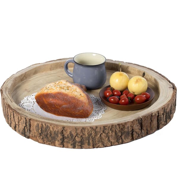 18 Dia in. Beige/ Cream Wood Tree Bark Indented Display Tray Serving Plate Platter Charger