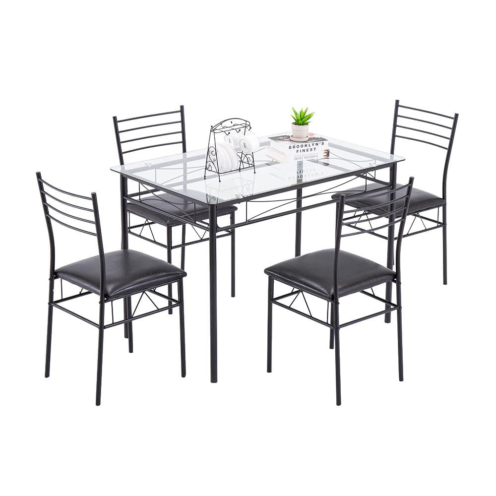 Ktaxon 5 Pcs Dining Set Glass Top Table and 4 Chairs Kitchen Room Furniture Black
