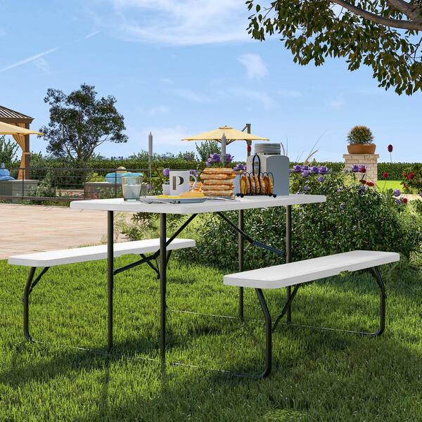 4.5 ft. Rectangular White Steel Frame Outdoor Picnic Table and Bench with Weather Resistant Resin Tabletop and Stable