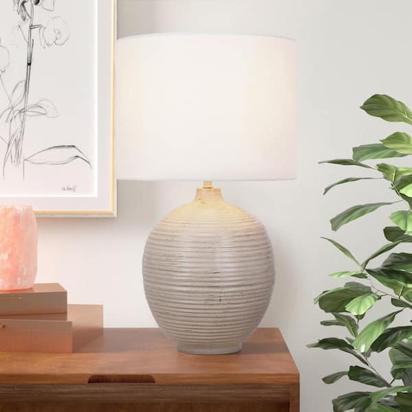 Finch 22 in. Distressed White Ribbed Table Lamp with White Linen Shade