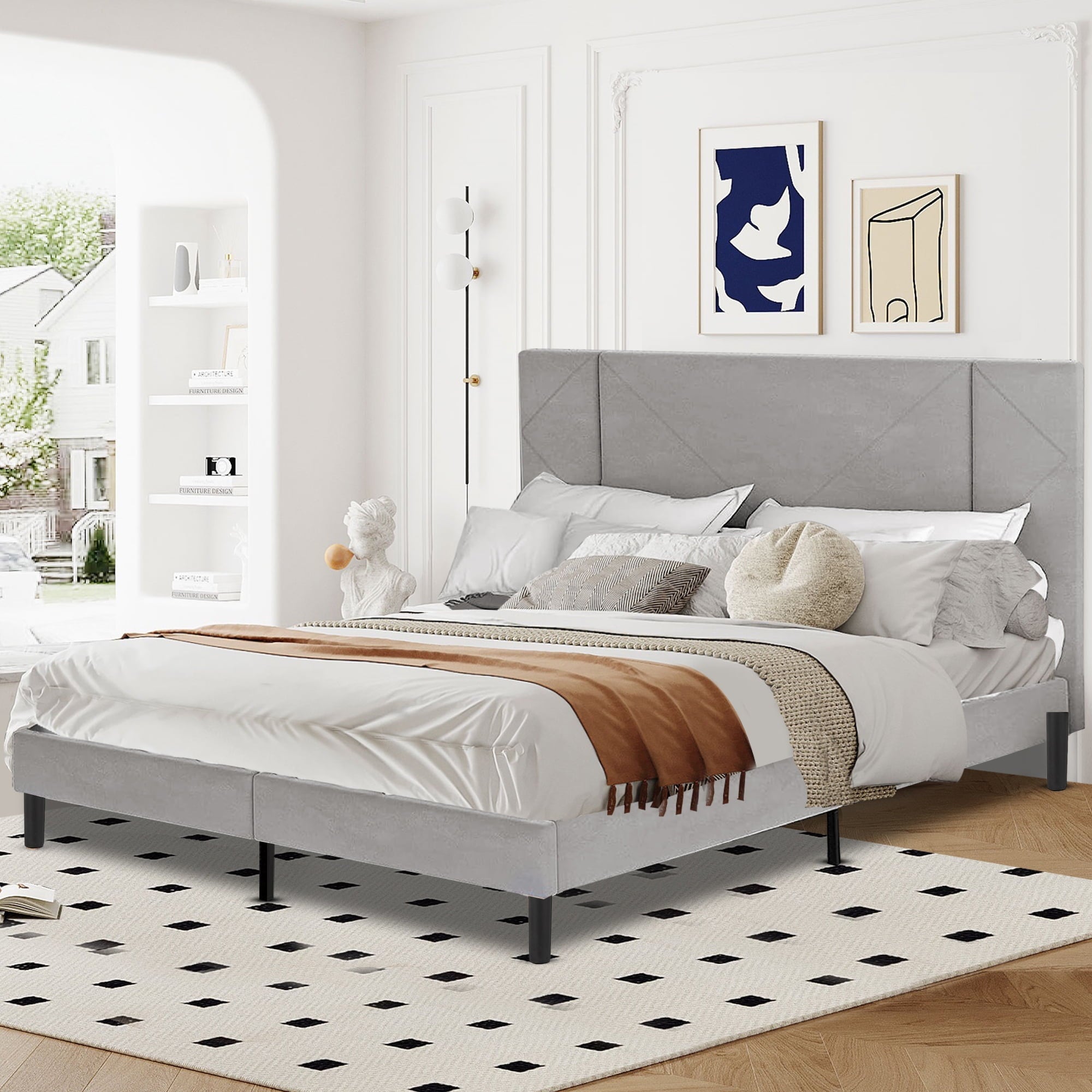 SYNGAR Queen Bed Frame, New Upgrade Queen Size Velvet Upholstered Platform Bed Frame with Elegant Headboard, Bedroom Furniture Platform Bed Frame, No Box Spring Needed, Gray