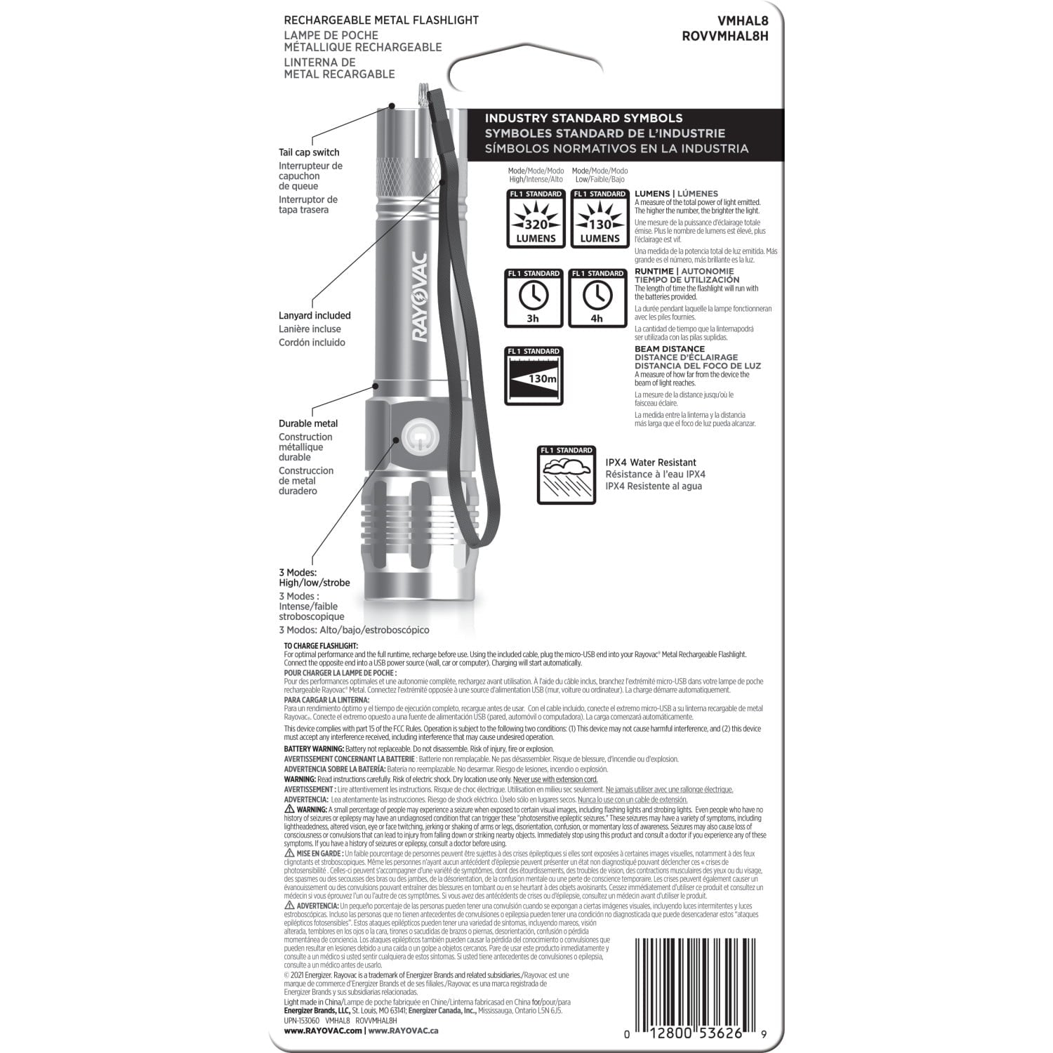 Rayovac Metal Rechargeable LED Flashlight with USB Charging Cable, 300 Lumens, 18650 Battery