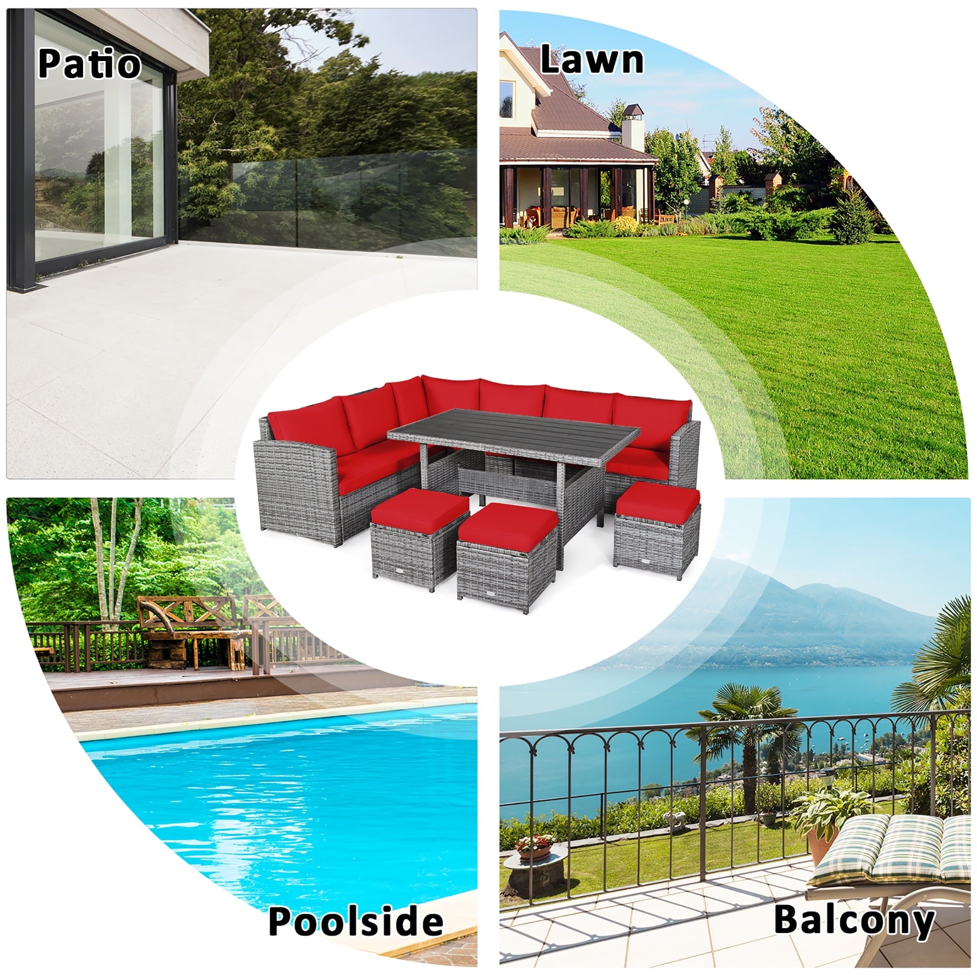 Costway 7 PCS Patio Rattan Dining Set Sectional Sofa Couch Ottoman Garden Red