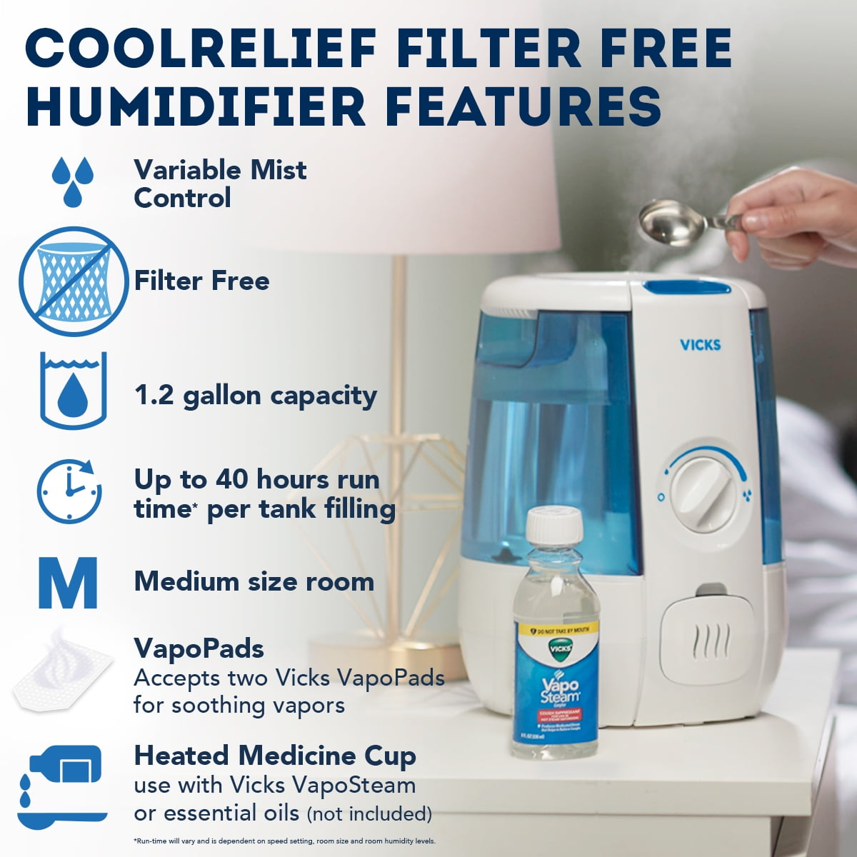 Vicks 1.2 Gallon Cool Relief Filter Free Ultrasonic Humidifier, VUL600, 400 sq. ft