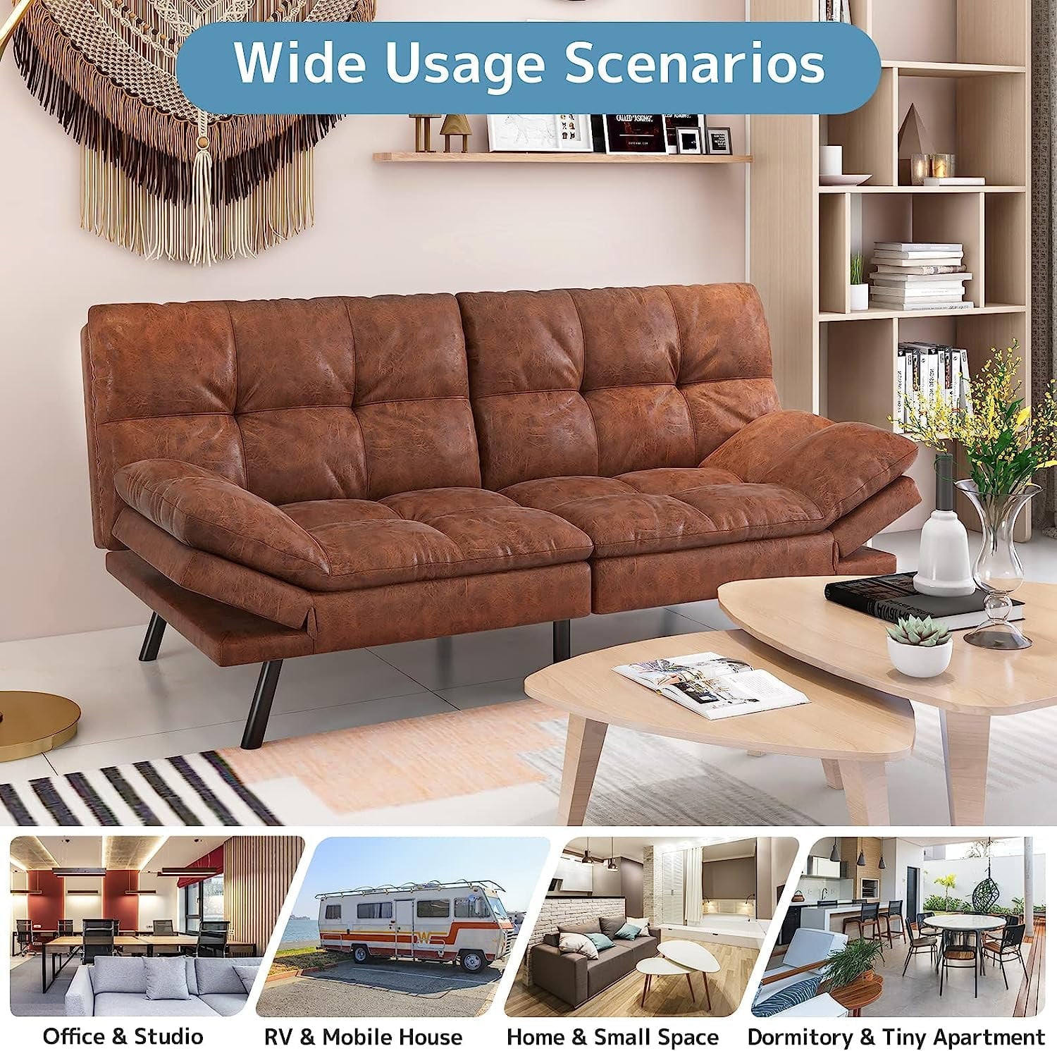 Convertible Futon Sofa Bed, Modern Sleeper Sofa, Brown