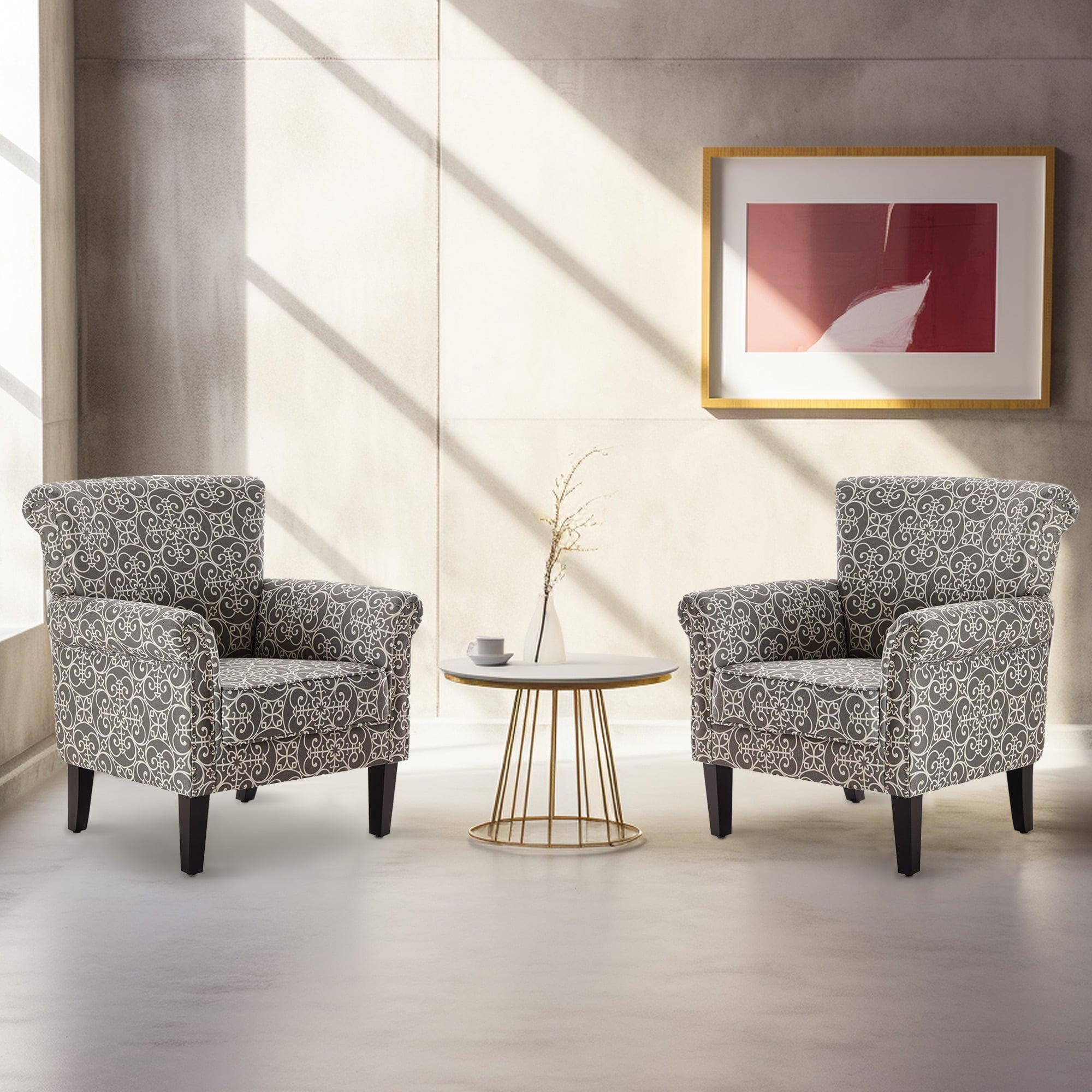 BELLEZE Rosette Scroll Arm Fabric Upholstered Club Chair Nailhead Trim Accent Chair, Gray