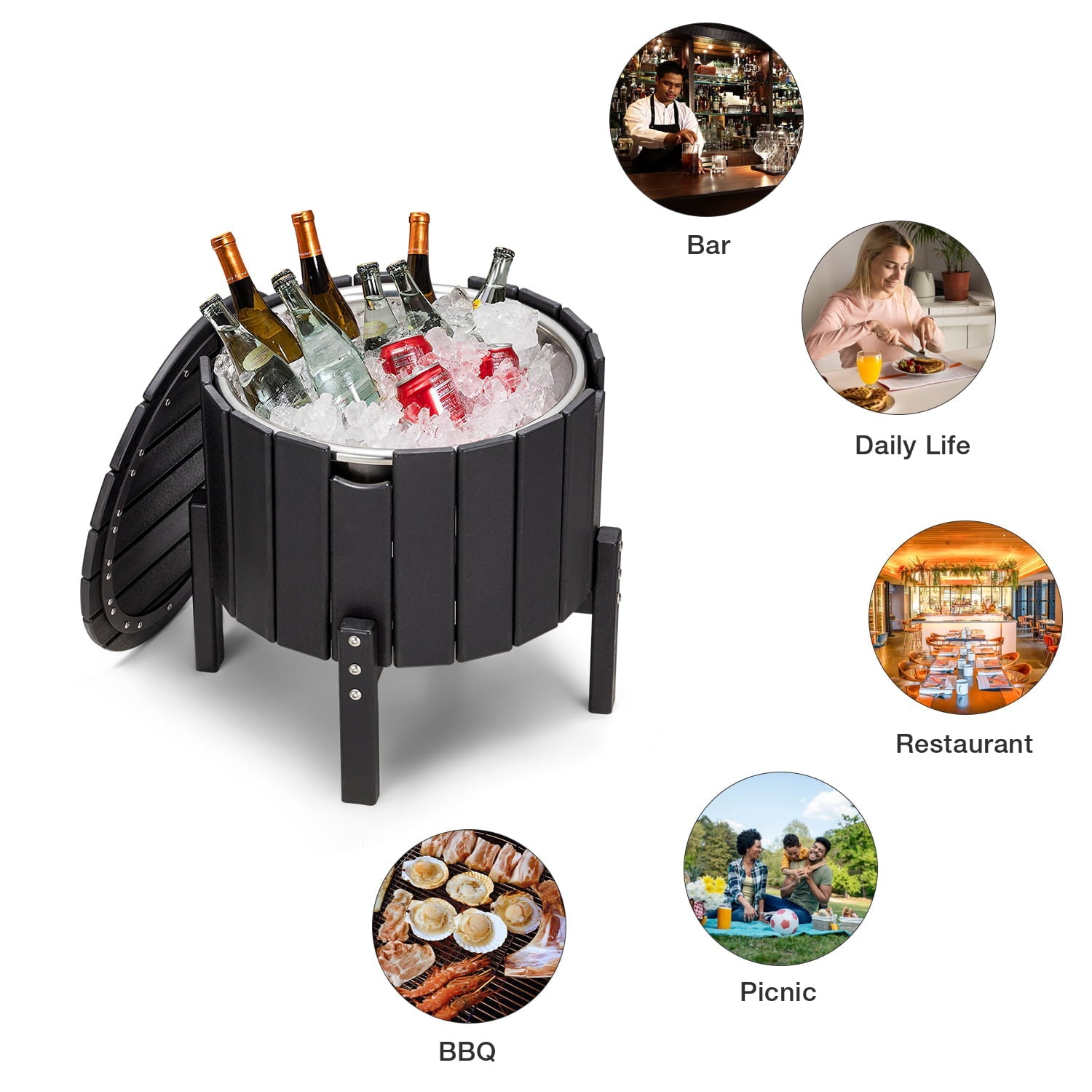 Erinnyees Outdoor Patio Cooler, Cooler Table for Patio and Deck, HDPE, Black