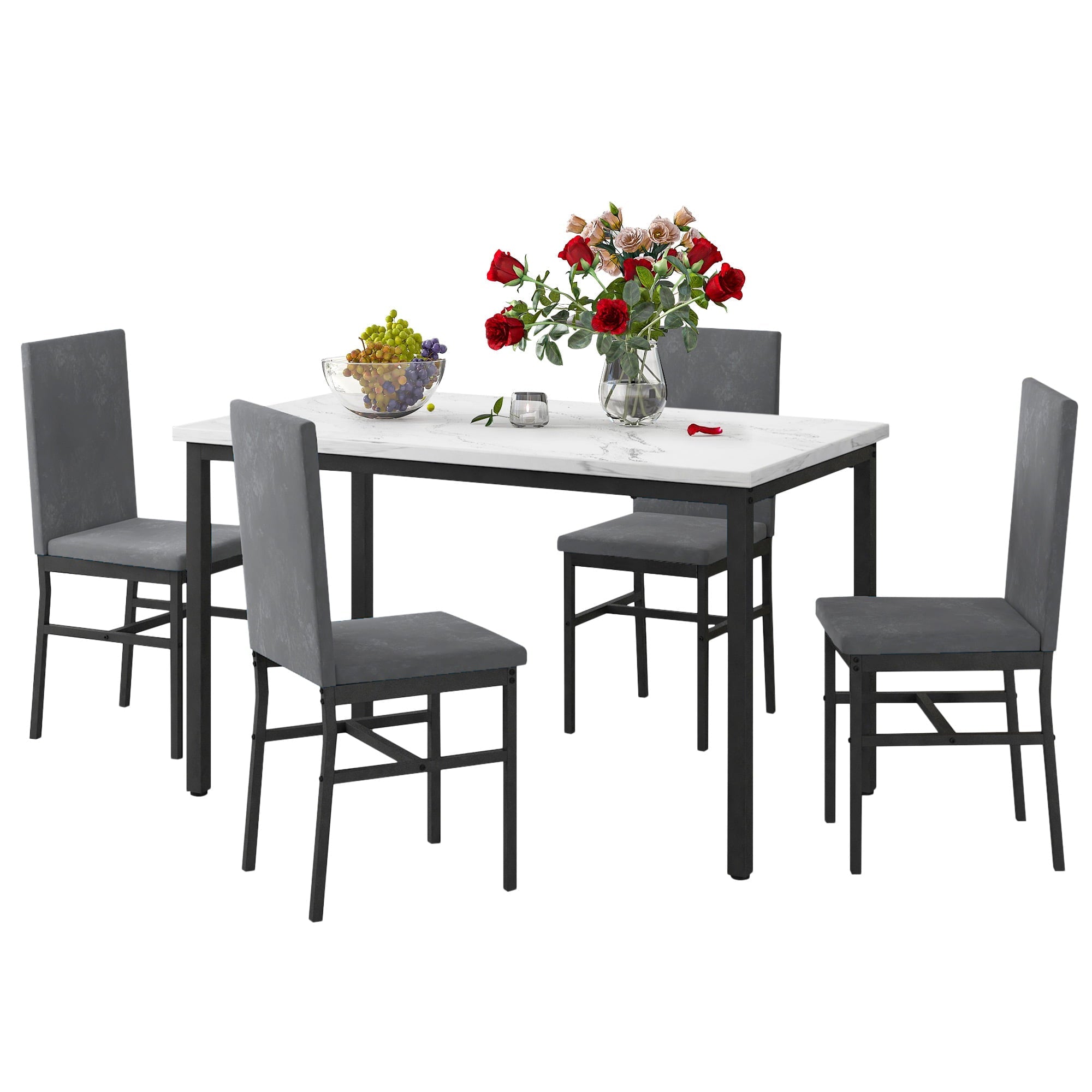 Paproos Dining Table Set for 4, Modern 5-Piece Kitchen Table Set with Marble Top and Velvet Upholstery Chairs, Heavy Duty Dinette Sets for Breakfast Nook, Dining Room Table and Chairs, Gray