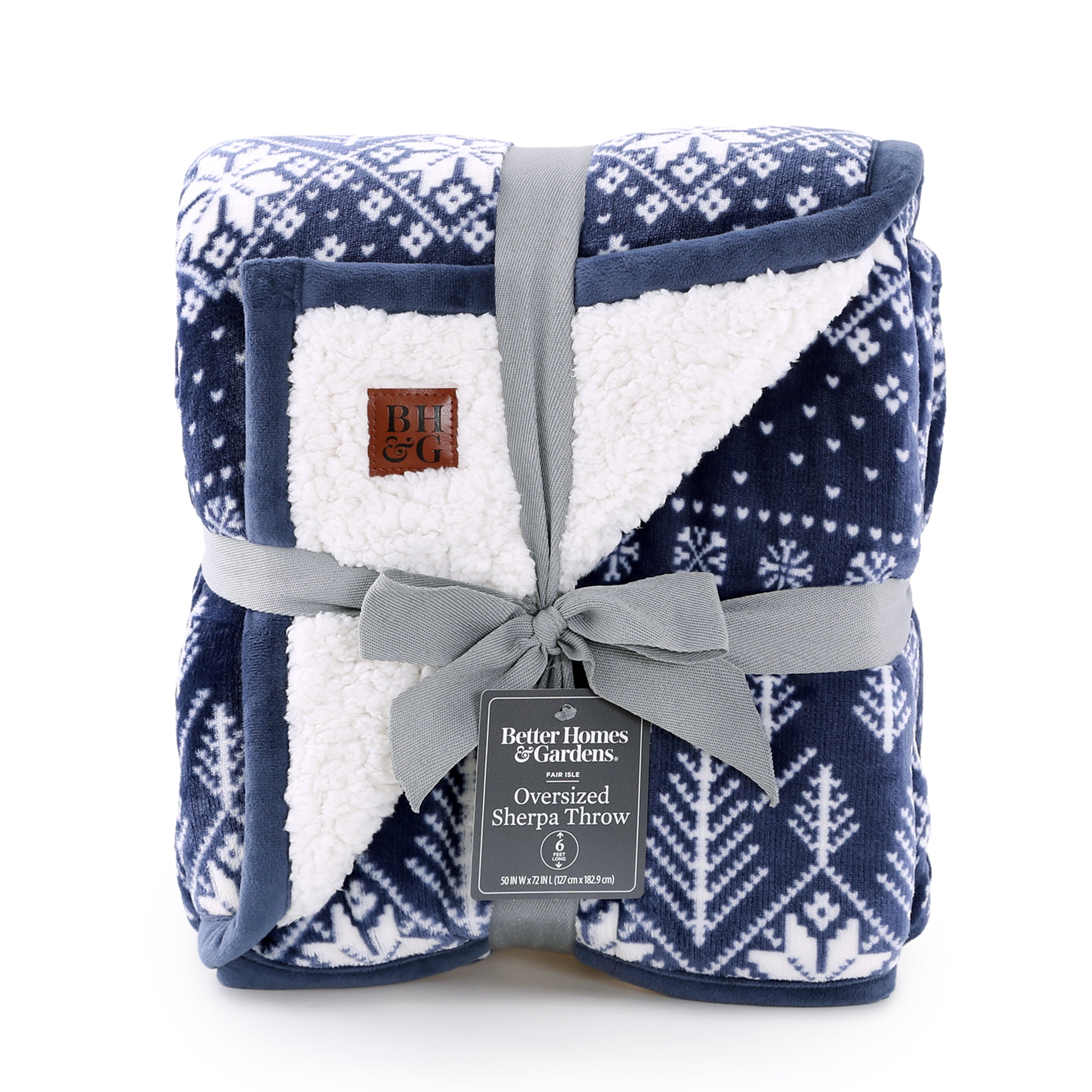 Better Homes & Gardens Velvet Plush Sherpa Throw Blanket, Blue Fair Isle, Oversized