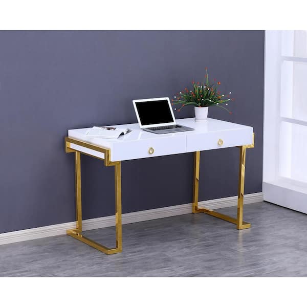 50 in. Gold Rectangular White Modern Computer Desk