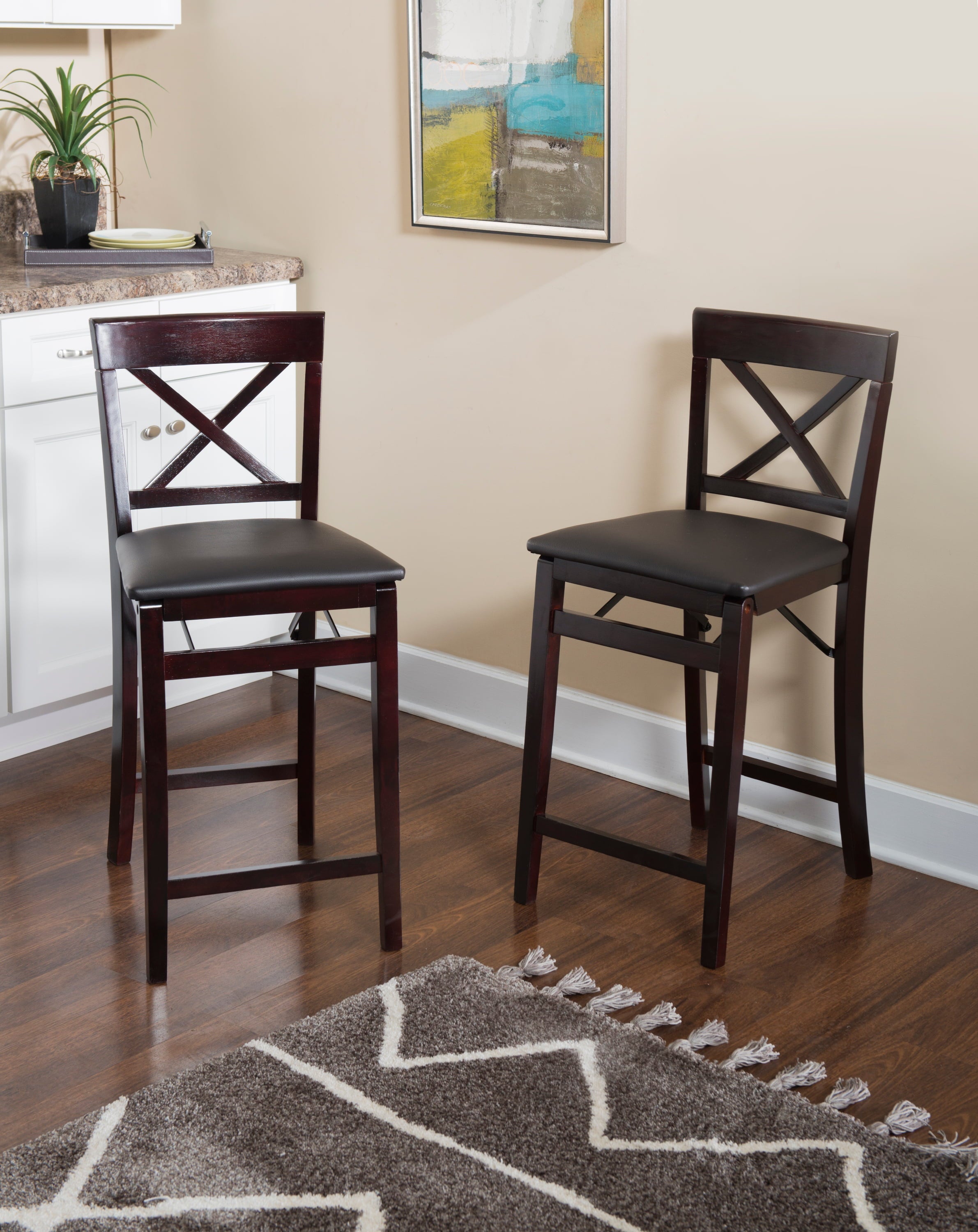 Linon Triena Folding Counter Stool in Dark Cherry with Dark Brown Faux Leather