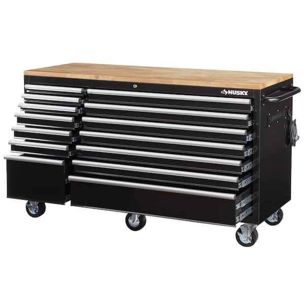62 in. W x 24 in. D Standard Duty 14-Drawer Mobile Workbench Cabinet Tool Chest with Solid Wood Top in Gloss Black