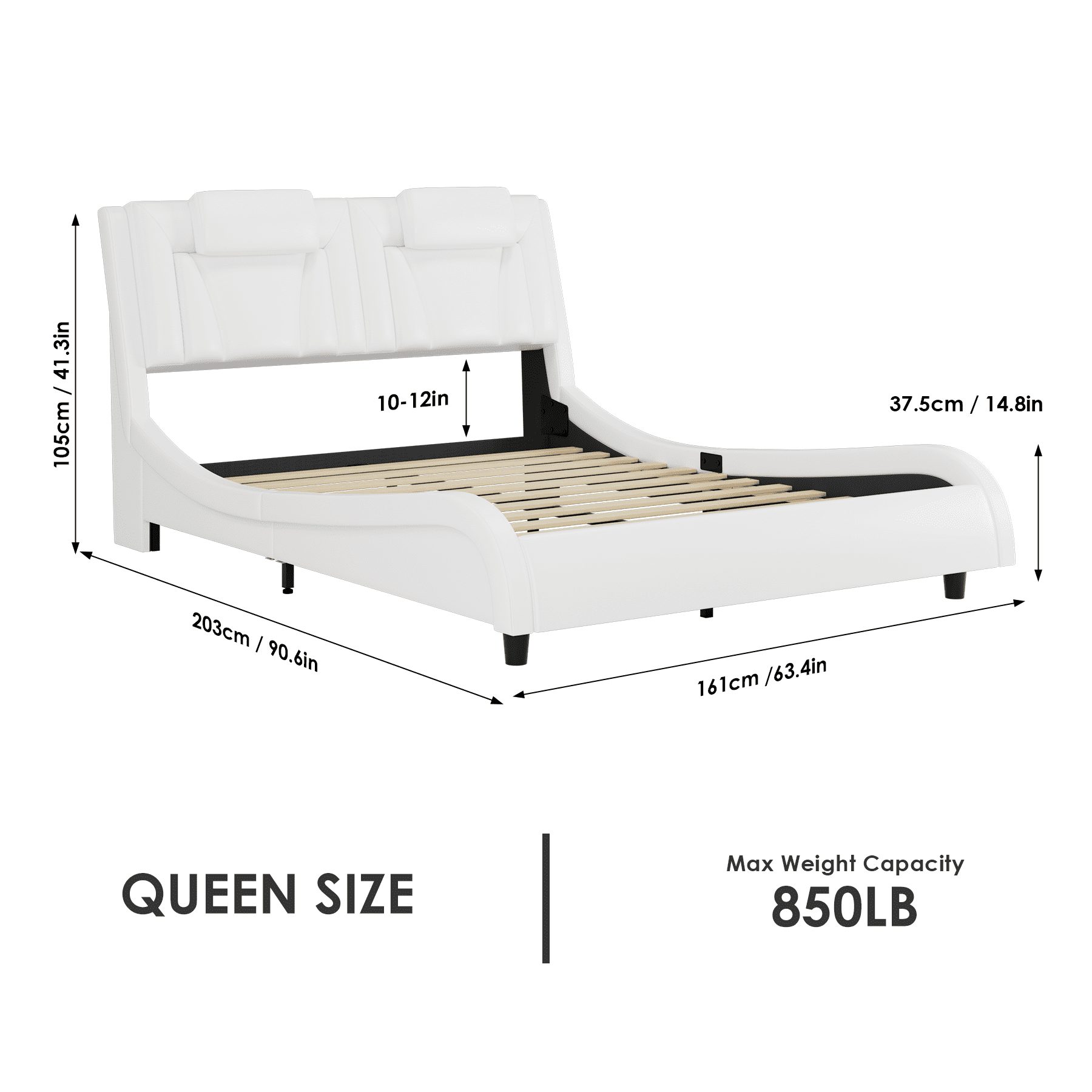 Homfa Queen Size LED Bed Frame, PU Leather Curved Upholstered Platform Bed with Adjustable Headboard and Pillow, White