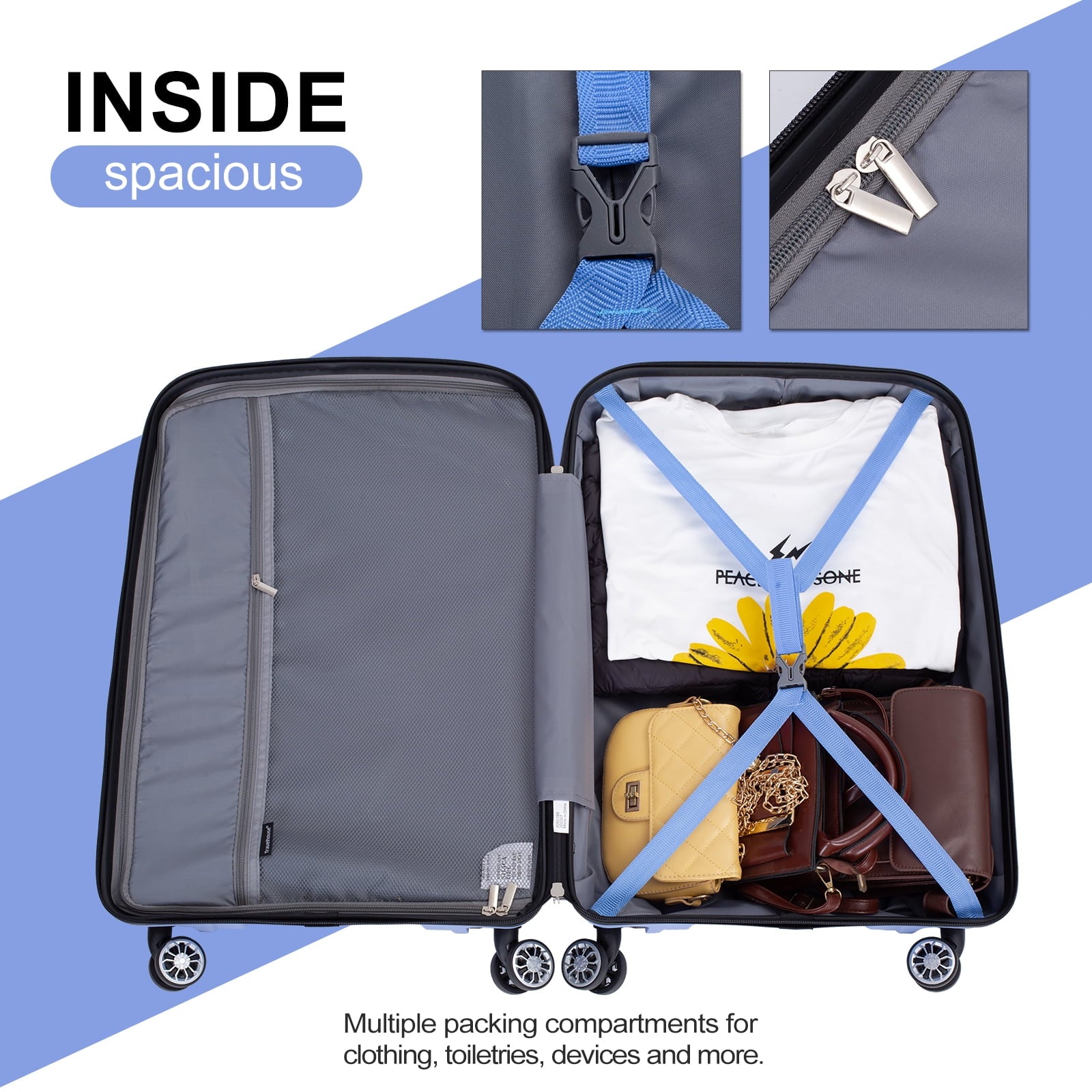 Tripcomp 3 Piece Luggage Sets, Hard shell Carry On Luggage, PP case with Two Hooks, Spinner Wheels, TSA Lock, Airline Approved, Lightweight Durable Suitcase, （20”24”28”）(Purplish Blue)