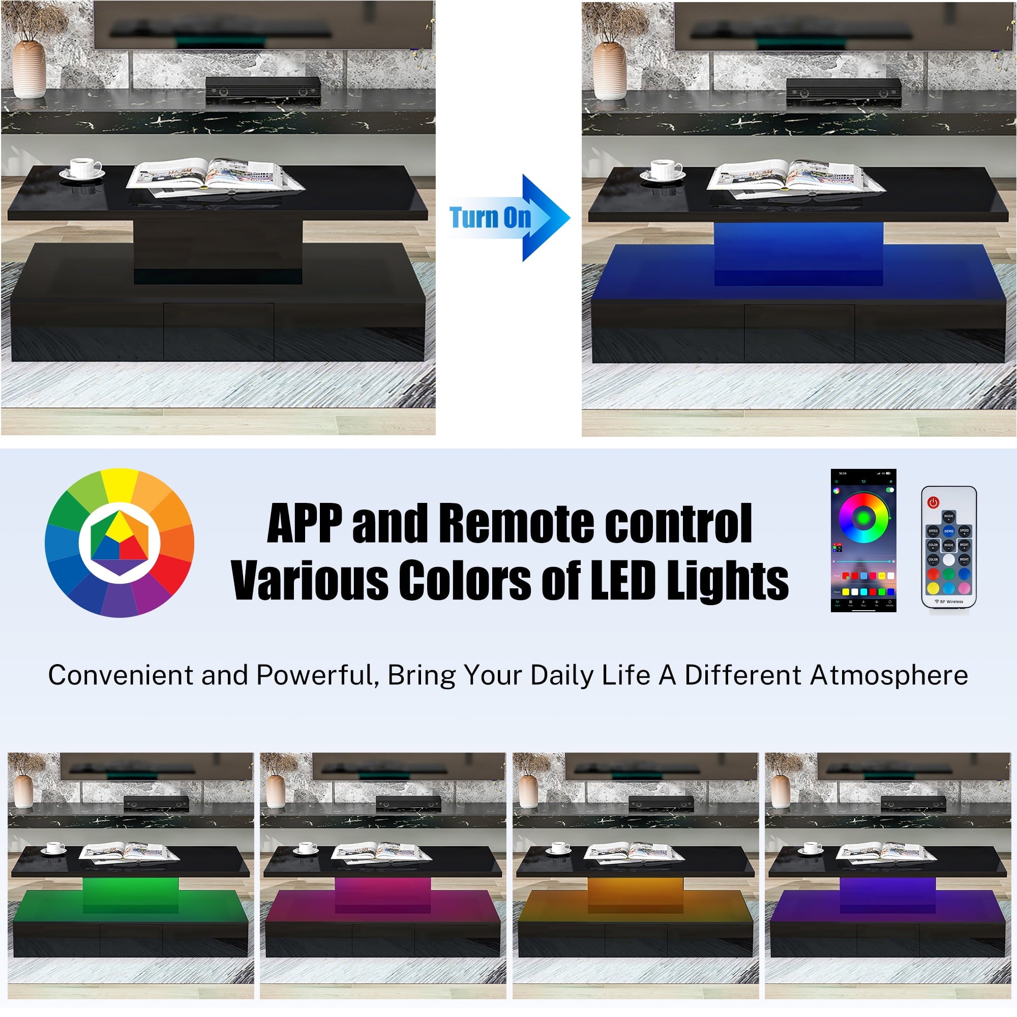 HSUNNS Black LED Coffee Table for Living Room, Modern High Glossy Center Table with 4 Drawers, Smart Cocktail Table Rectangle, Sofa Side Tea Tables with LED Lights, 40