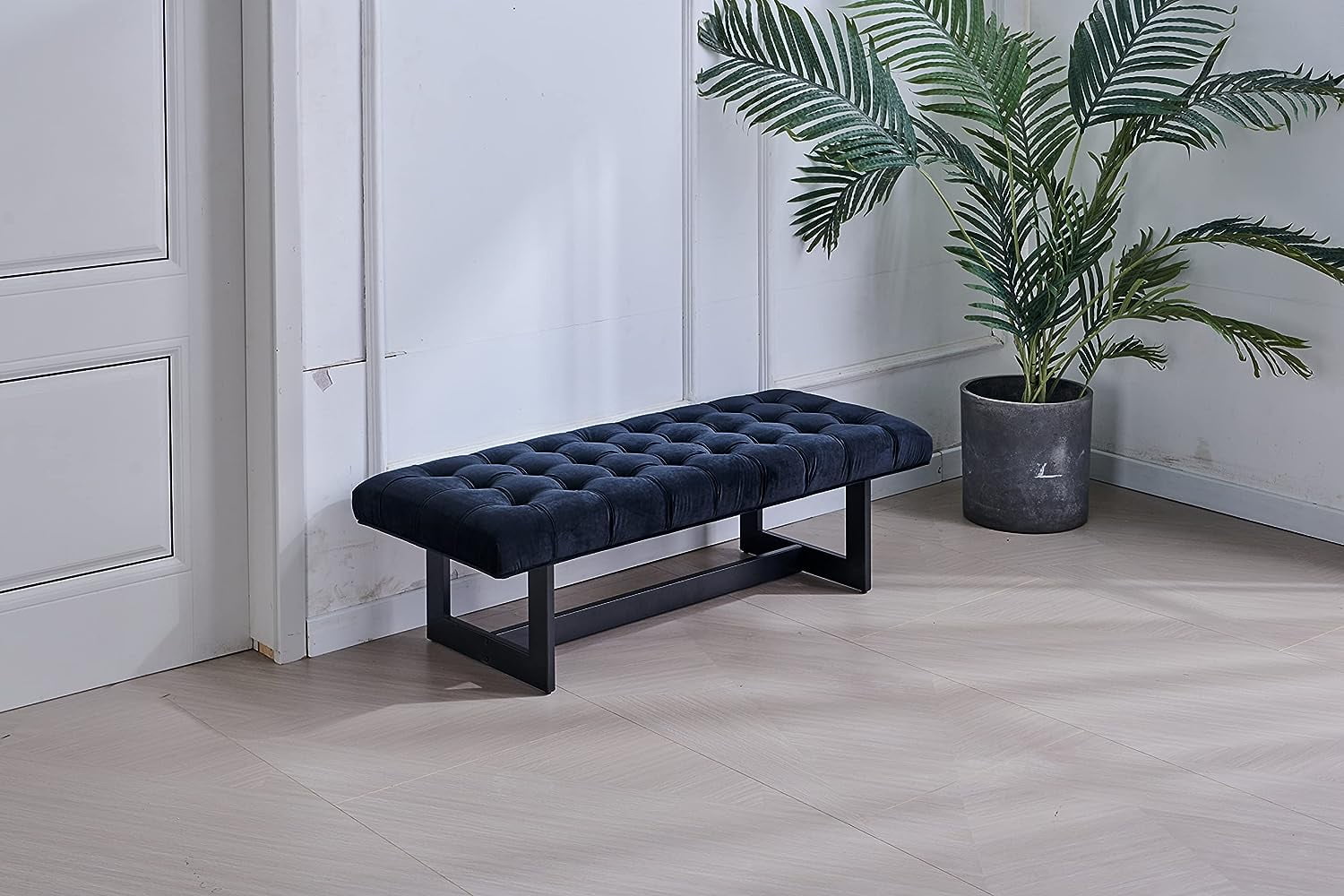 Nathaniel Home Button-Tufted Kids Ottoman, Upholstered Bedroom Benches, Vegan Leather Footrest Stool Accent Bench, for Living Room End of Bed Black