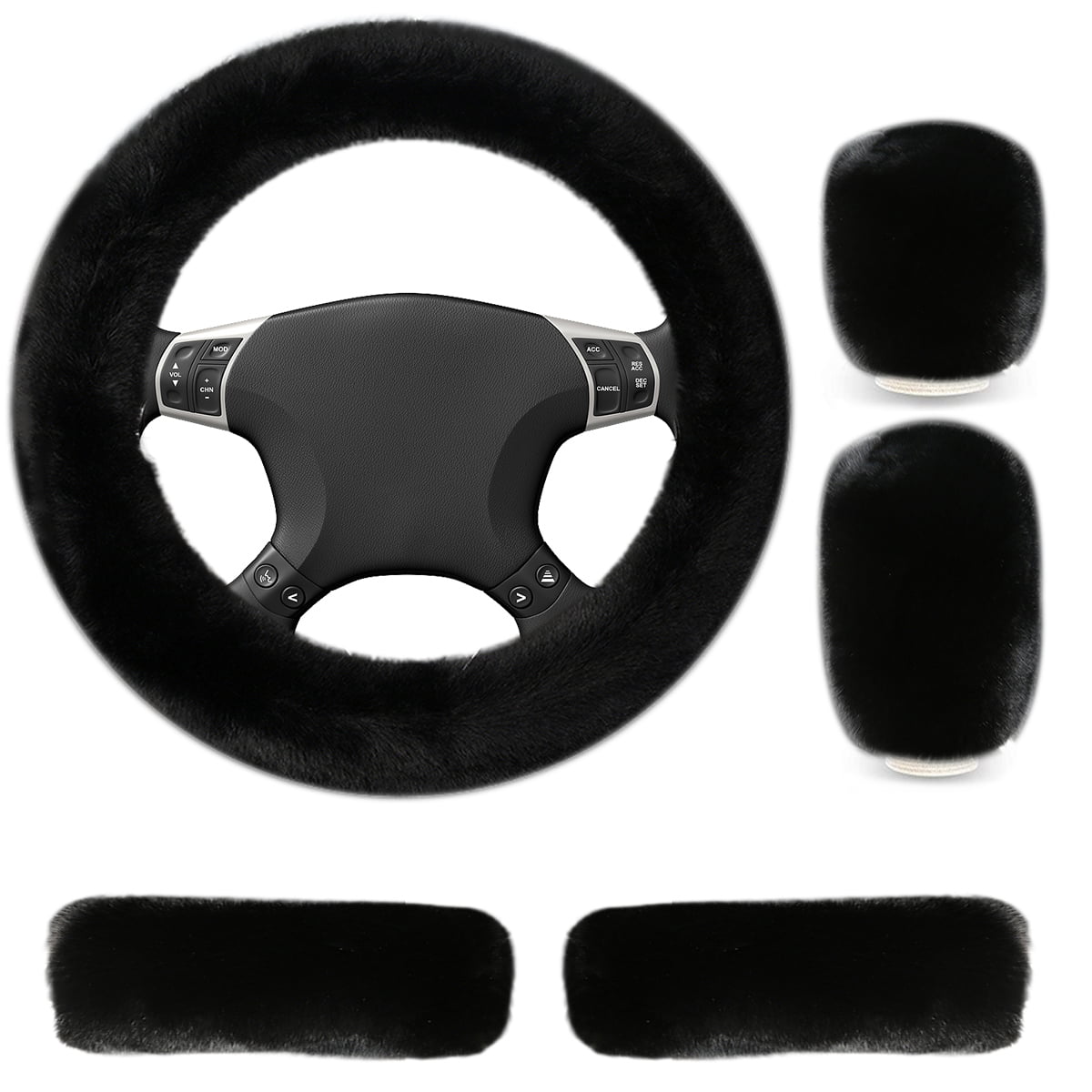 5 PCS Faux Rabbit Fur Fuzzy Steering Wheel Cover Soft Warm Winter Gear Knob Shift Handbrake Fluffy Cover Seat Belt Pads Kit Universal Fit Black Car interior Accessory for Women