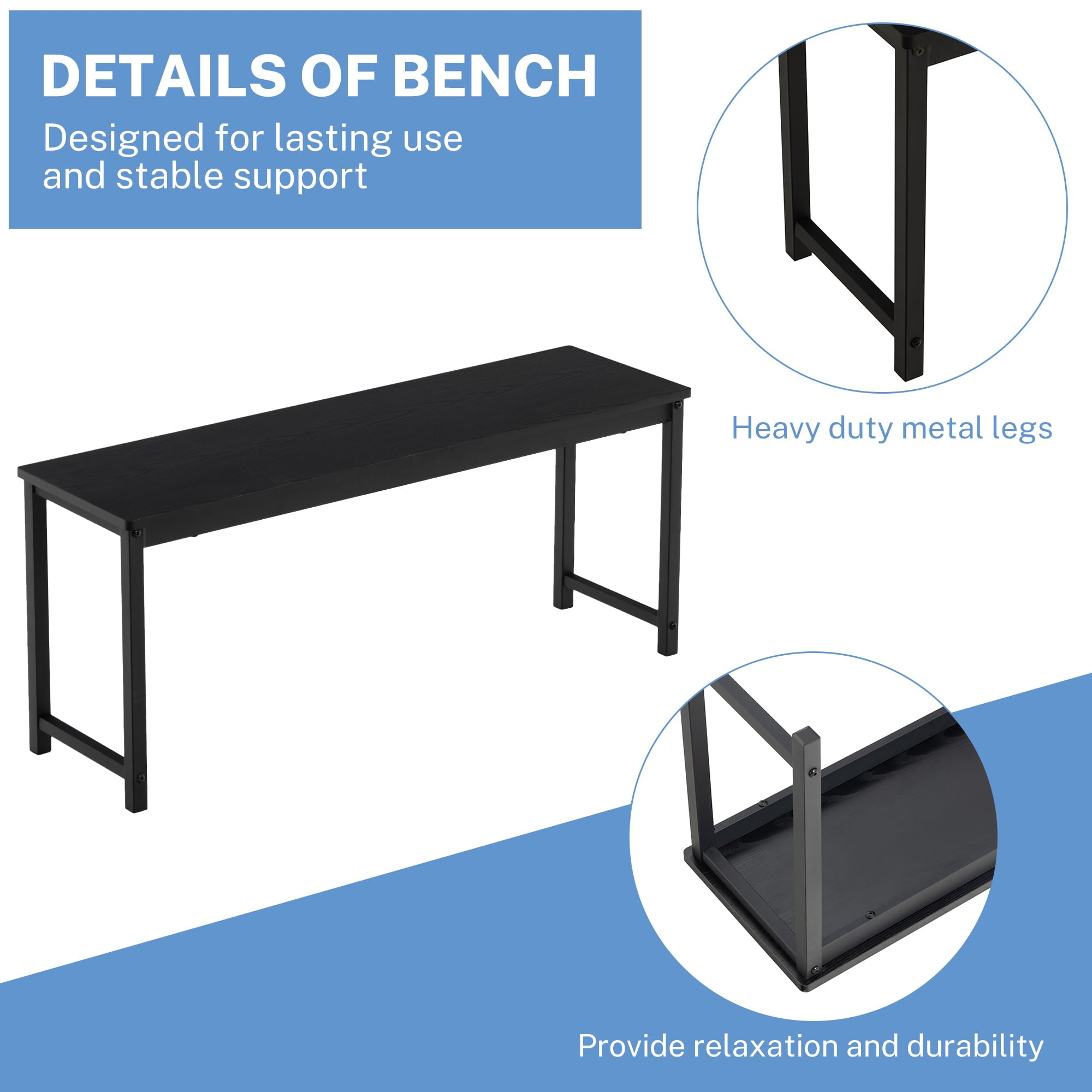 BTMWAY Dining Room Table Set for 4, 3 Piece Wooden Dining Table Set with Metal Frame, Industrial Style Dinette Set with 2 Benches, Dinner Table Set for Kitchen Breakfast Nook, Black