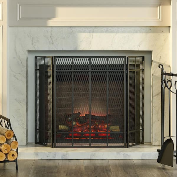 Capaum Matte Black Metal 3-Panel Fireplace Screen
